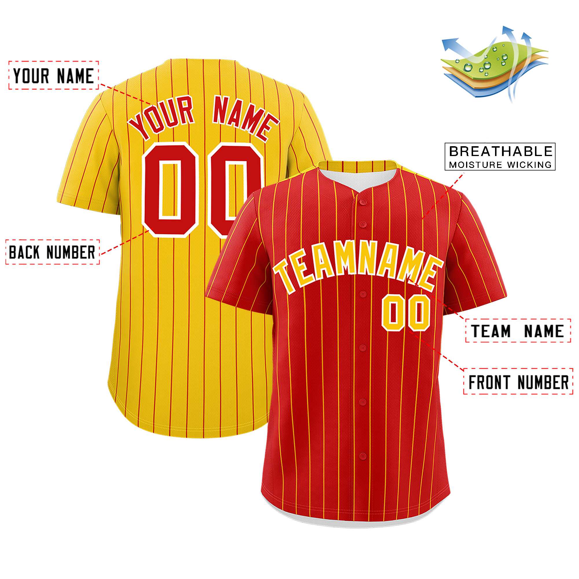 Custom Red Gold Pinstripe Personalized Two-Tone Authentic Baseball Jersey