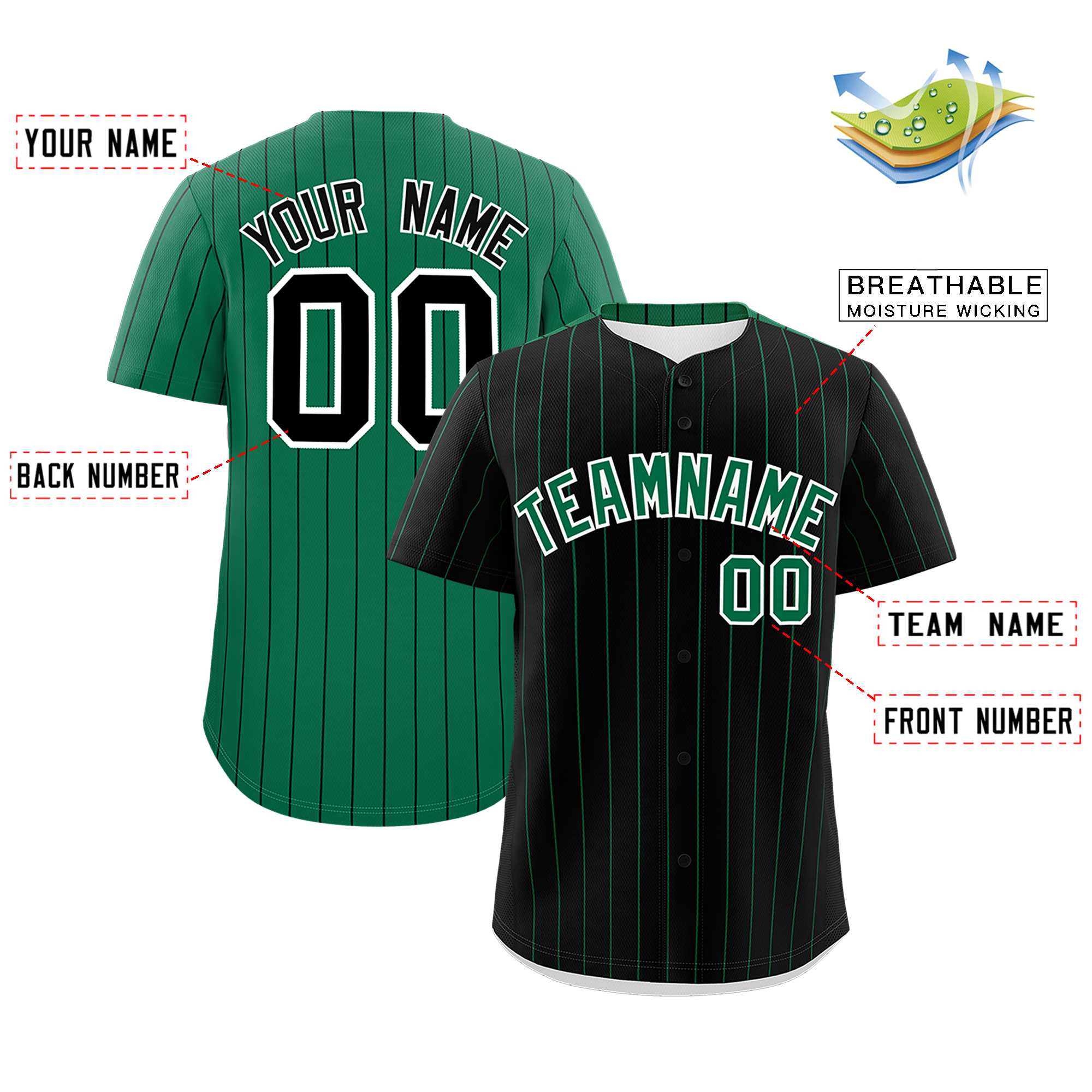 Custom Black Kelly Green Pinstripe Personalized Two-Tone Authentic Baseball Jersey