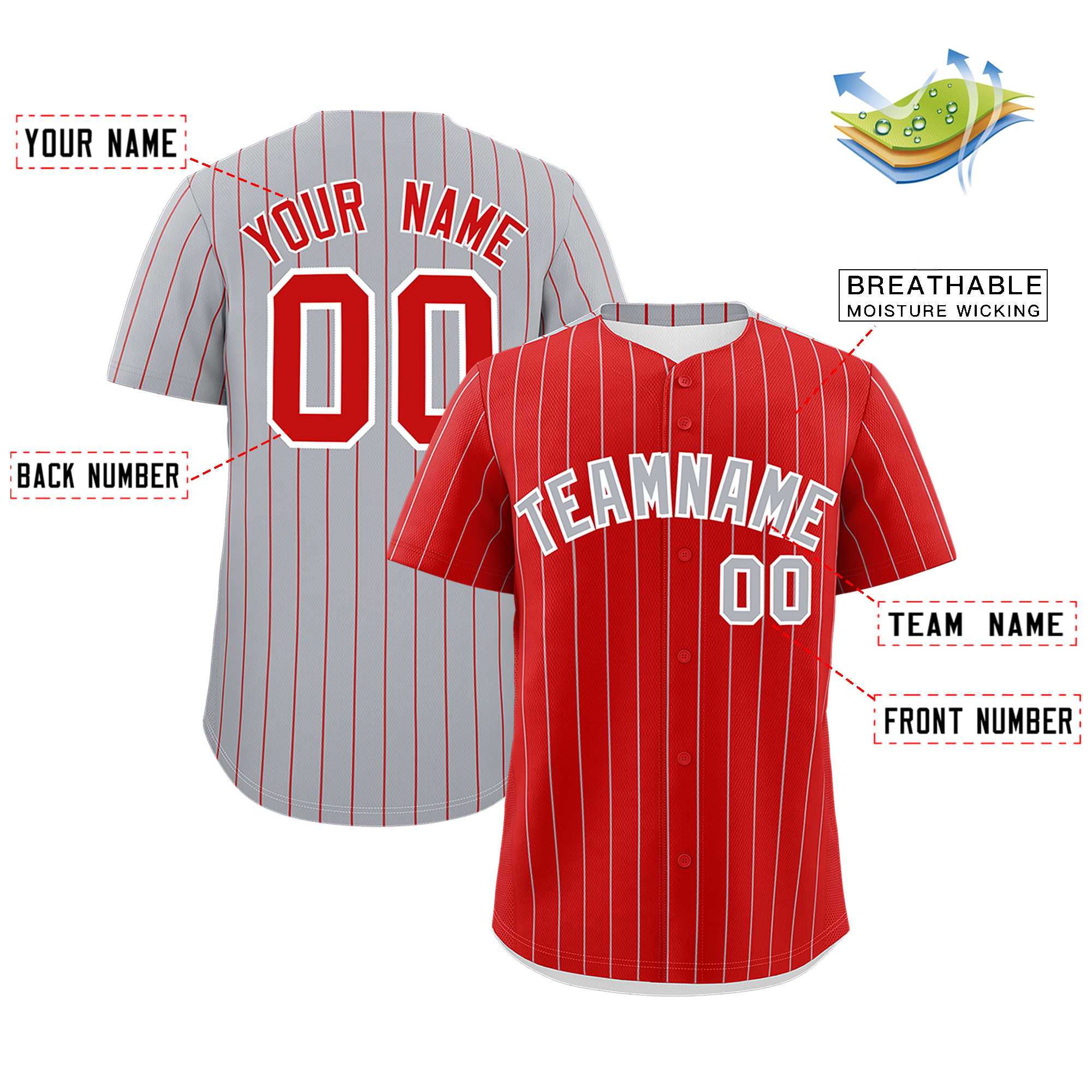 Custom Red Gray Pinstripe Personalized Two-Tone Authentic Baseball Jersey