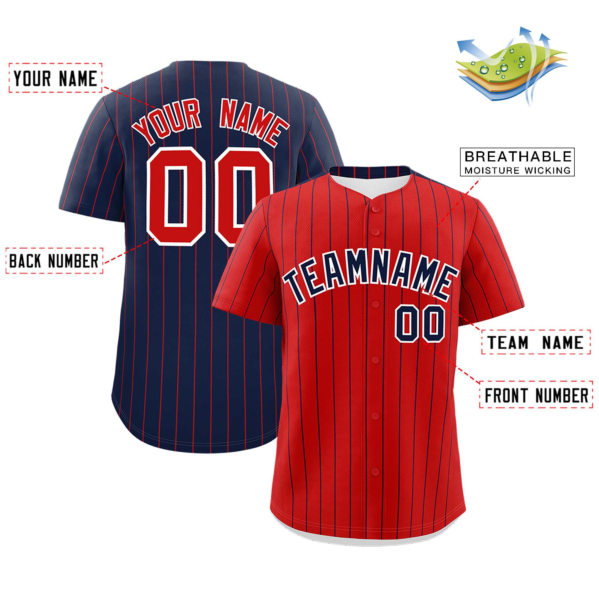 Custom Red Navy Pinstripe Personalized Two-Tone Authentic Baseball Jersey