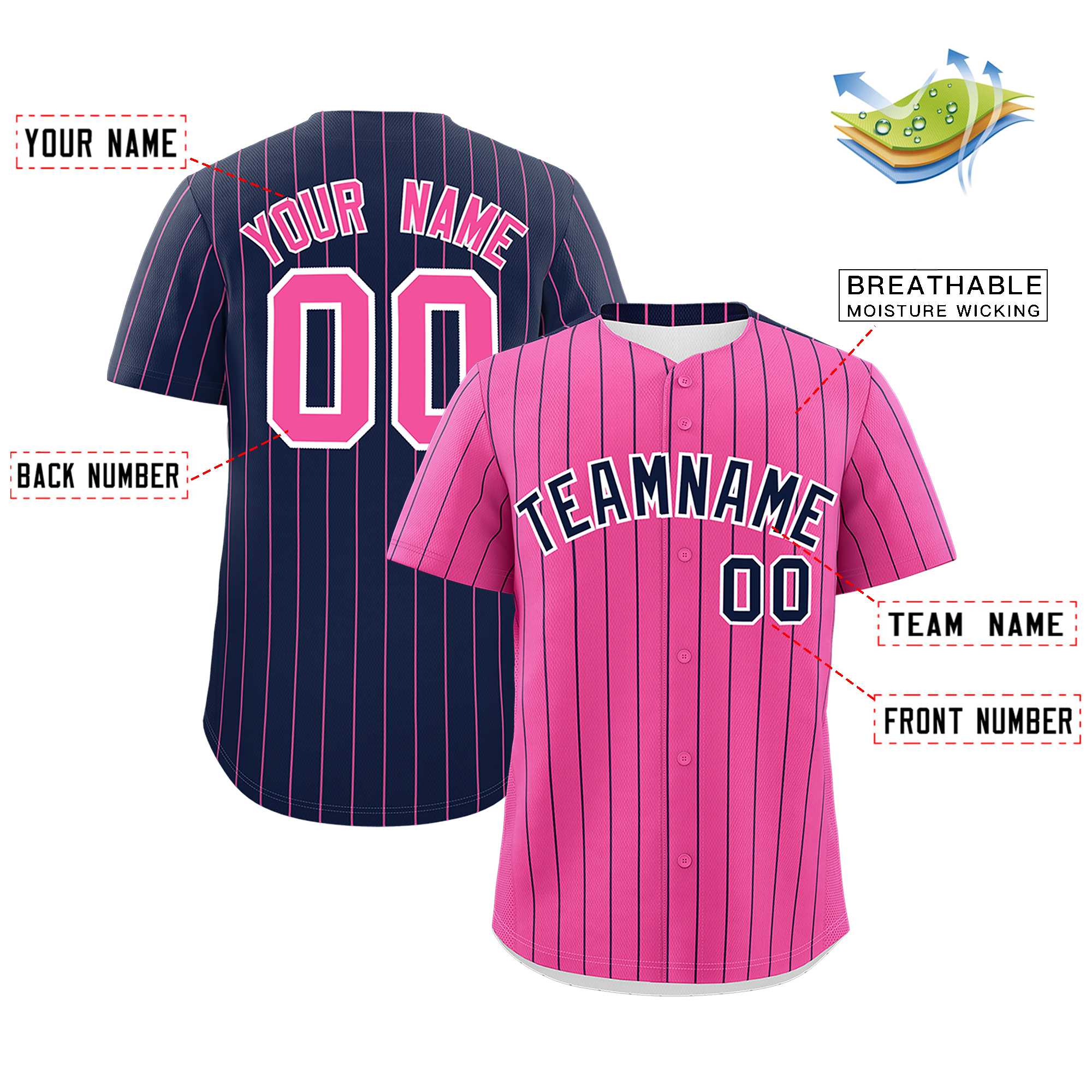 Custom Pink Navy Pinstripe Personalized Two-Tone Authentic Baseball Jersey