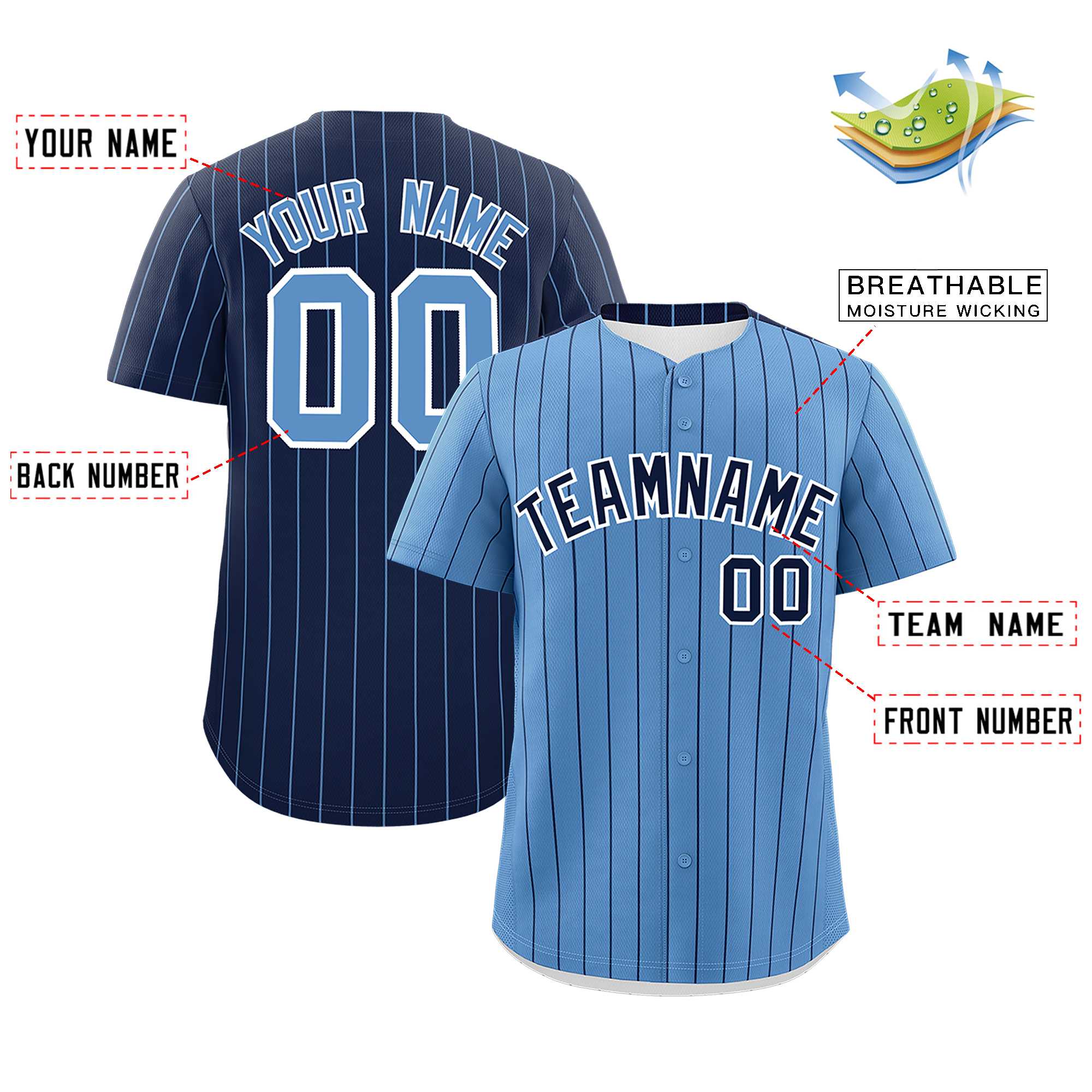 Custom Light Blue Navy Pinstripe Personalized Two-Tone Authentic Baseball Jersey