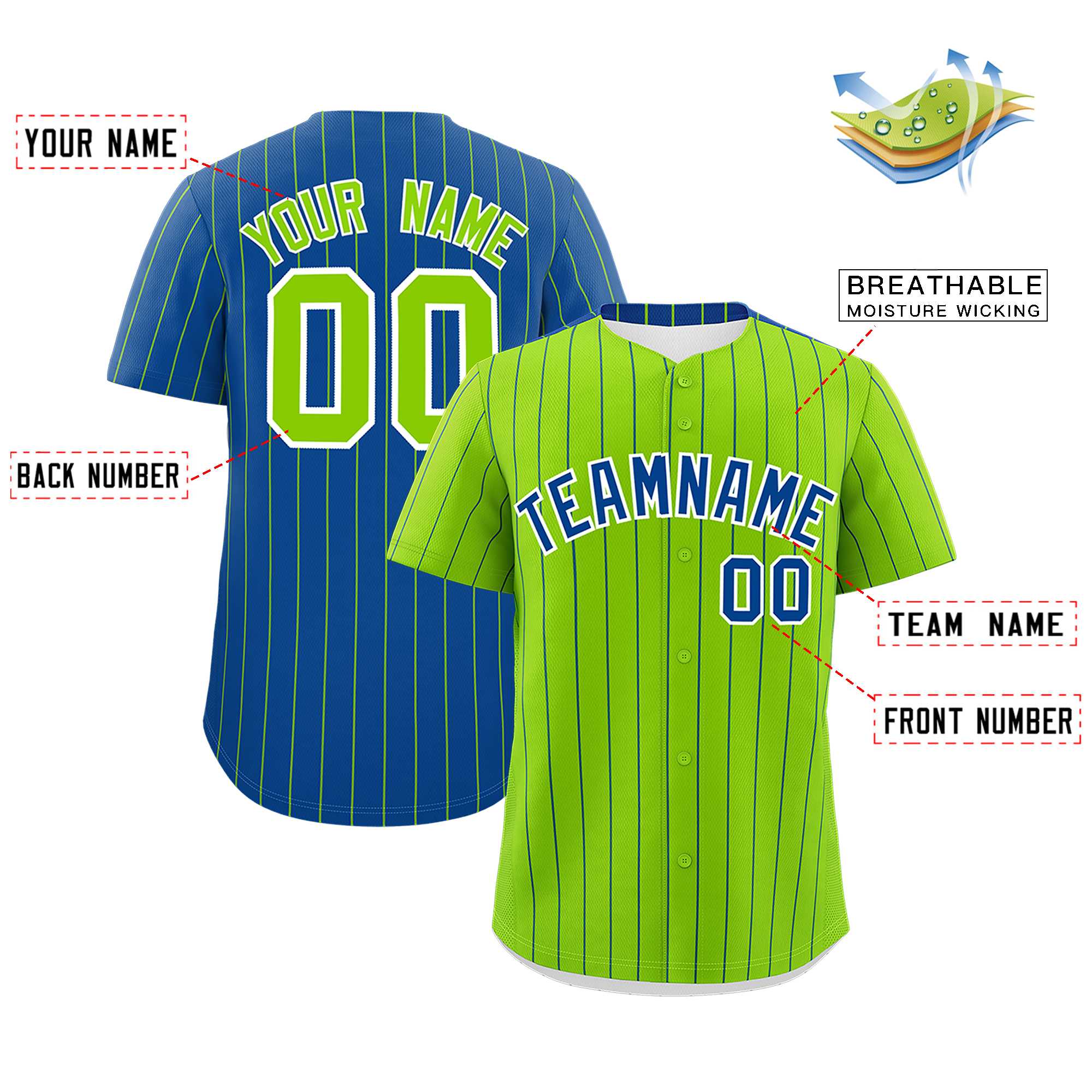 Custom Neon Green Royal Pinstripe Personalized Two-Tone Authentic Baseball Jersey