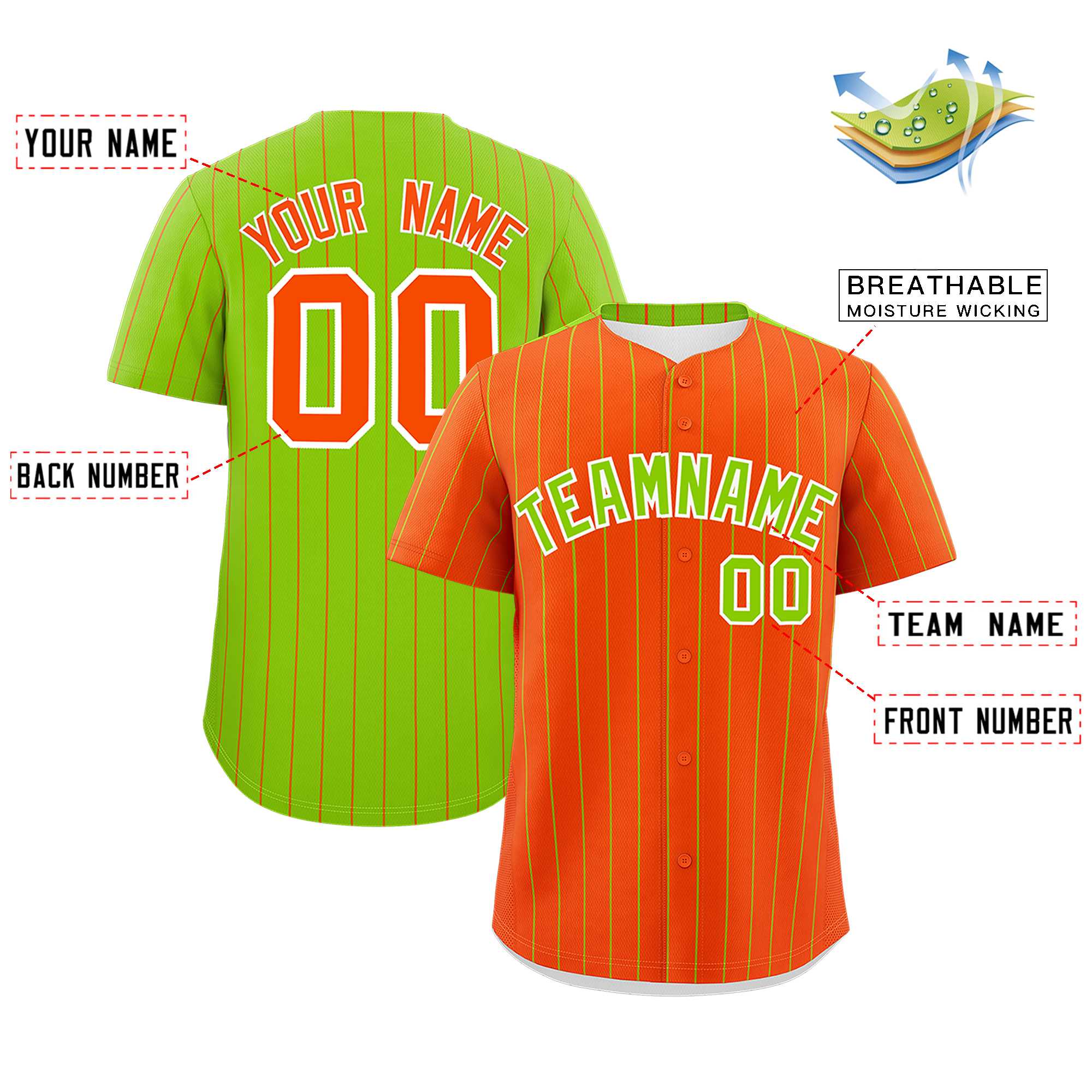 Custom Orange Neon Green Pinstripe Personalized Two-Tone Authentic Baseball Jersey