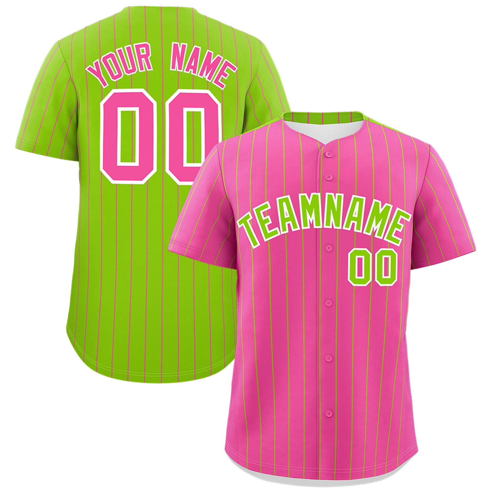 Custom Pink Neon Green Pinstripe Personalized Two-Tone Authentic Baseball Jersey