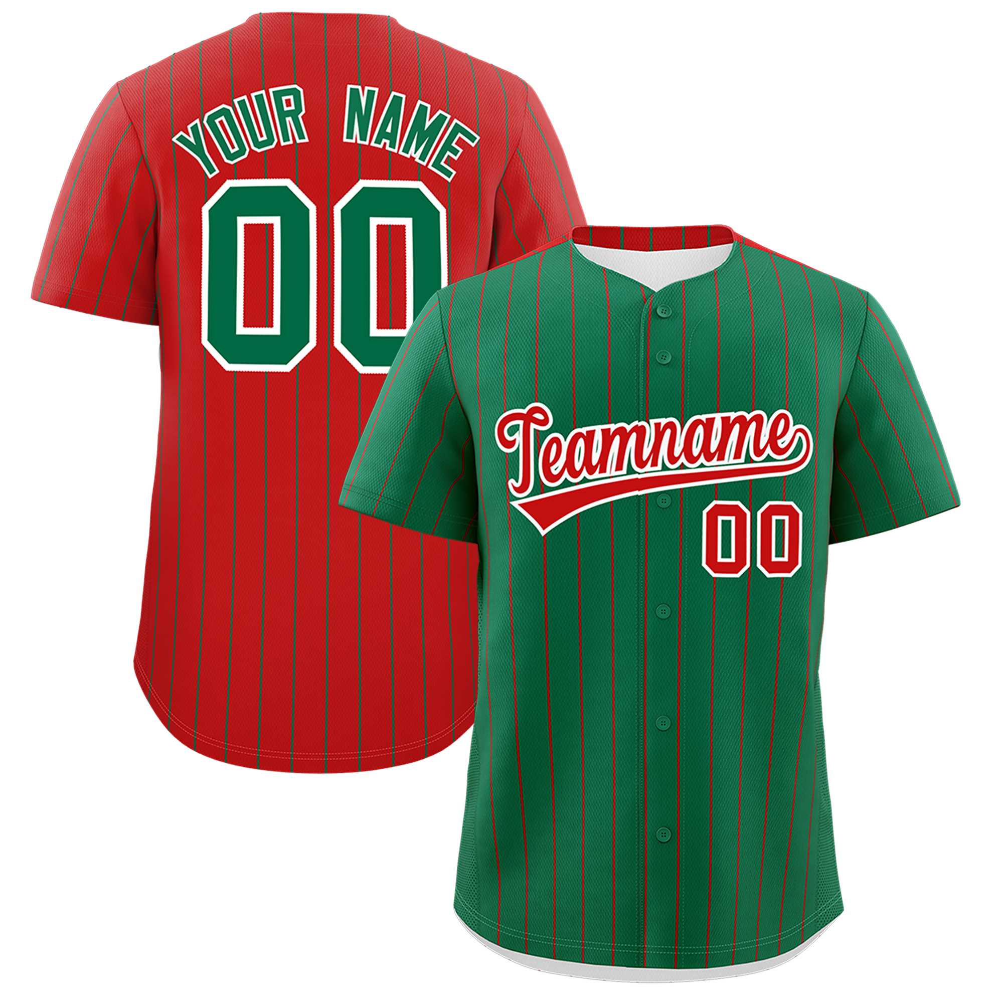 Custom Kelly Green Red Pinstripe Personalized Two-Tone Authentic Baseball Jersey