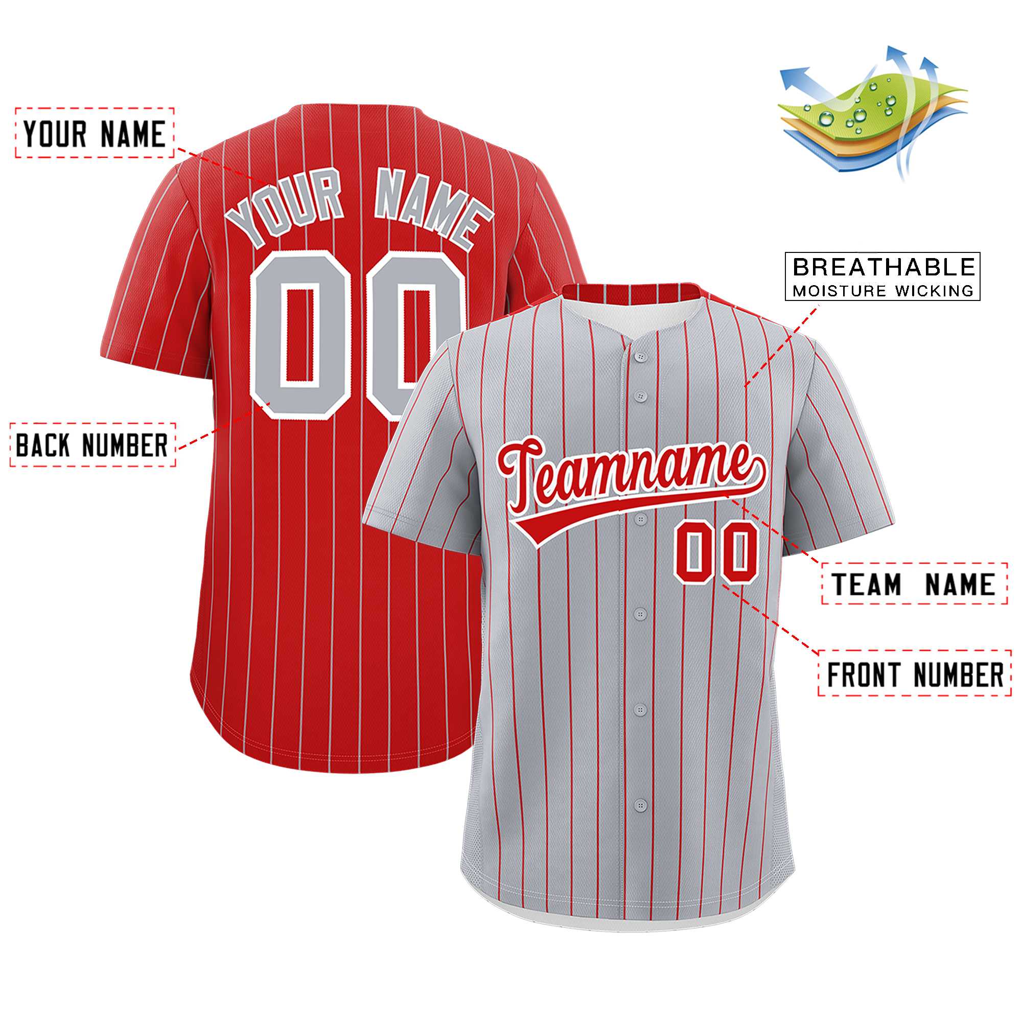 Custom Gray Red Pinstripe Personalized Two-Tone Authentic Baseball Jersey