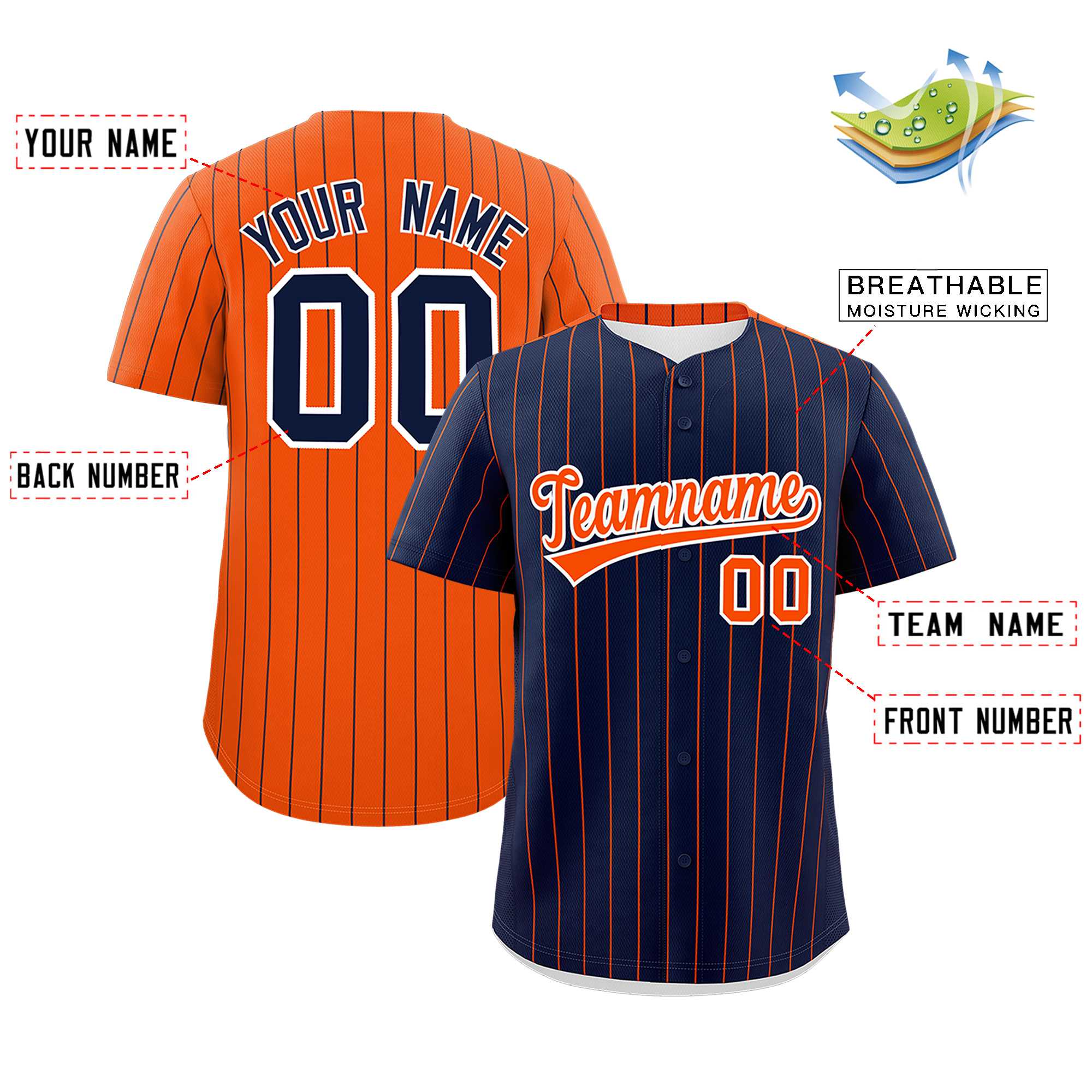 Custom Navy Orange Pinstripe Personalized Two-Tone Authentic Baseball Jersey