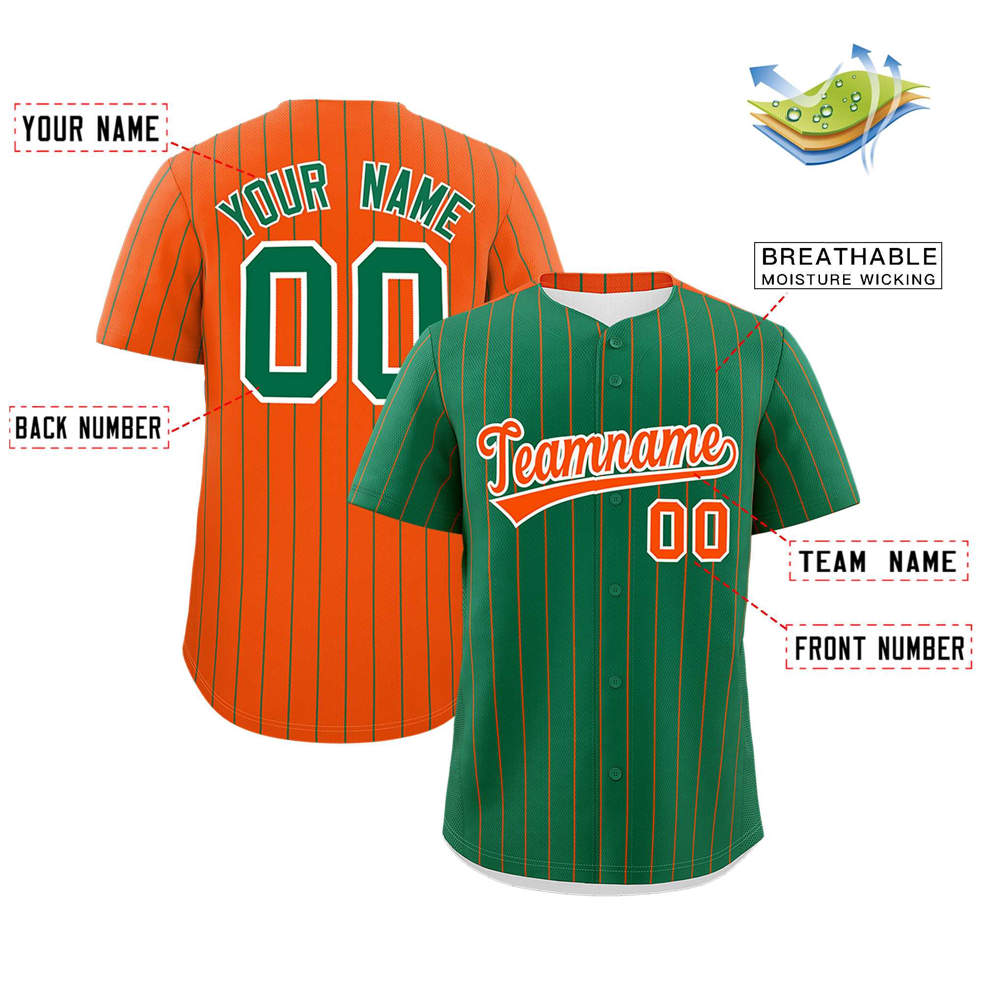 Custom Kelly Green Orange Pinstripe Personalized Two-Tone Authentic Baseball Jersey