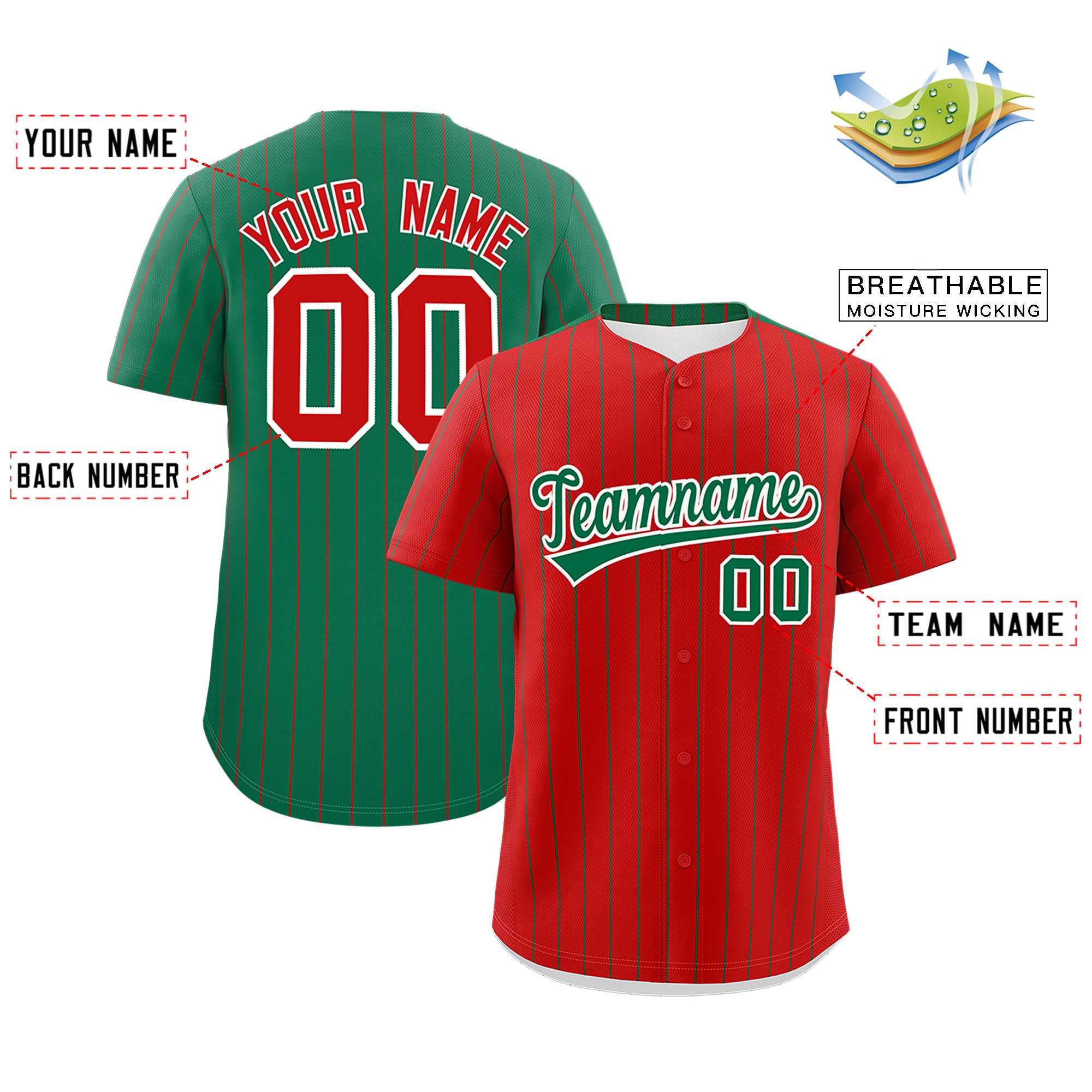 Custom Red Kelly Green Pinstripe Personalized Two-Tone Authentic Baseball Jersey