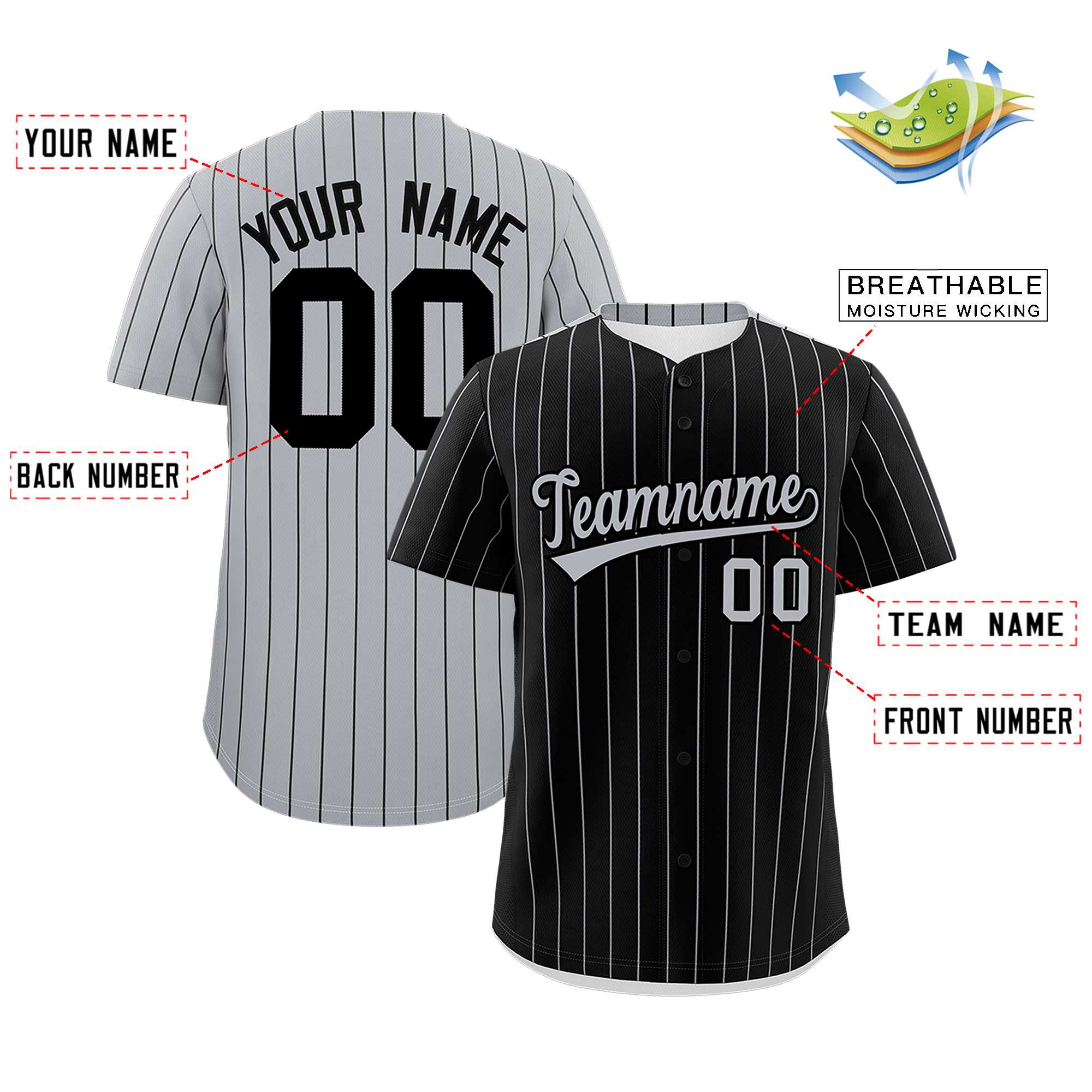 Custom Black Gray Pinstripe Personalized Two-Tone Authentic Baseball Jersey