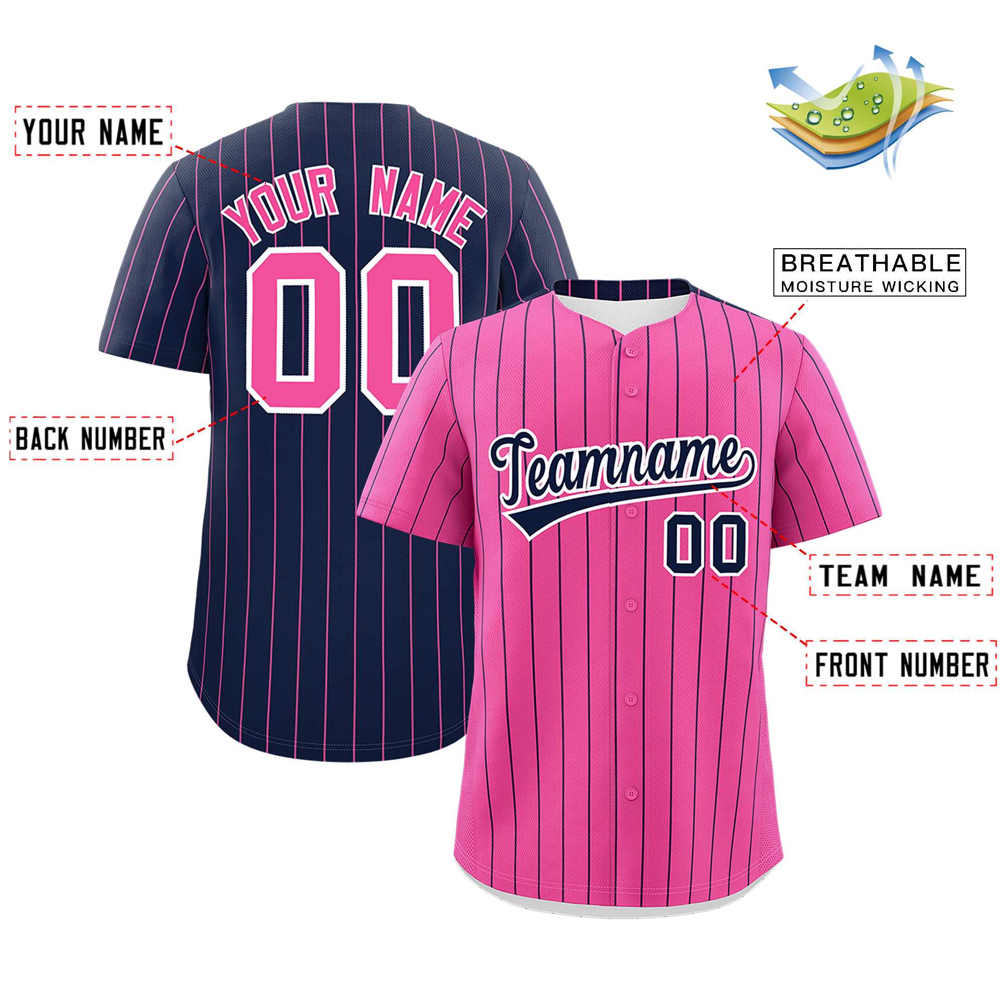 Custom Pink Navy Pinstripe Personalized Two-Tone Authentic Baseball Jersey