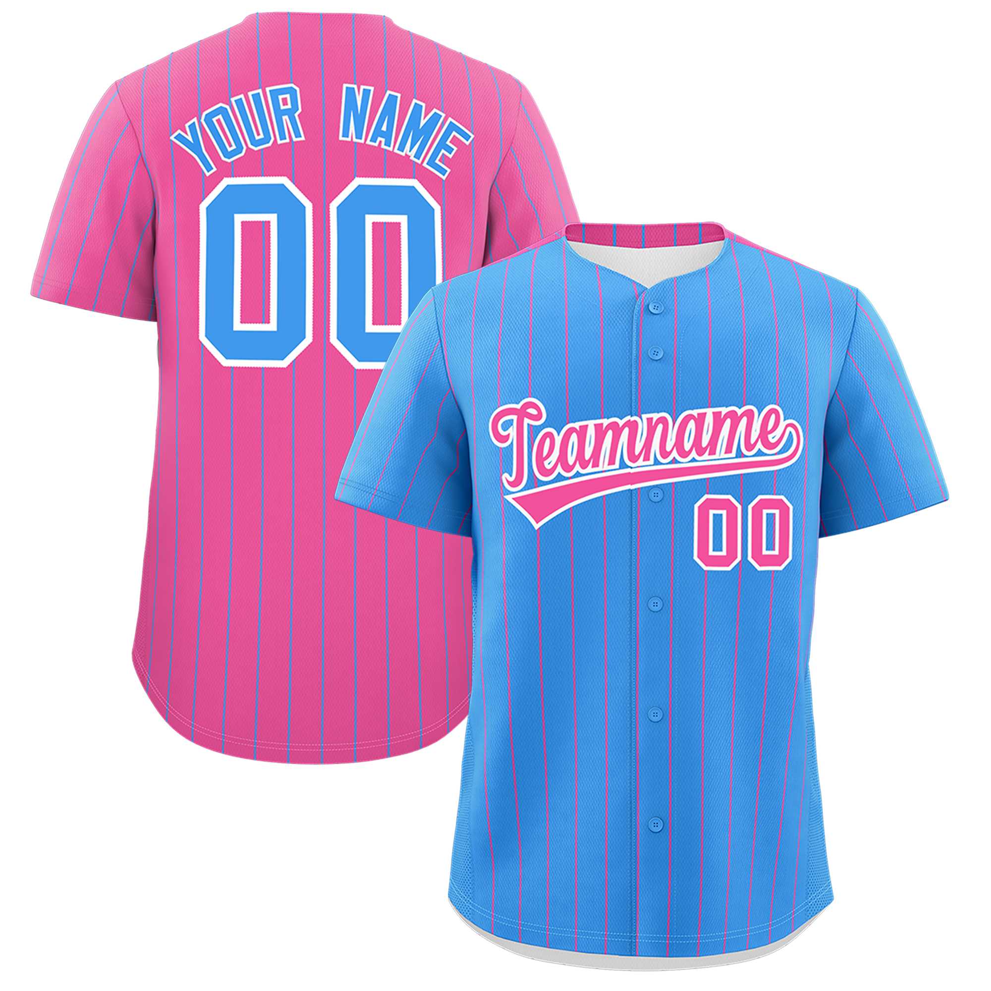 Custom Powder Blue Pink Pinstripe Personalized Two-Tone Authentic Baseball Jersey