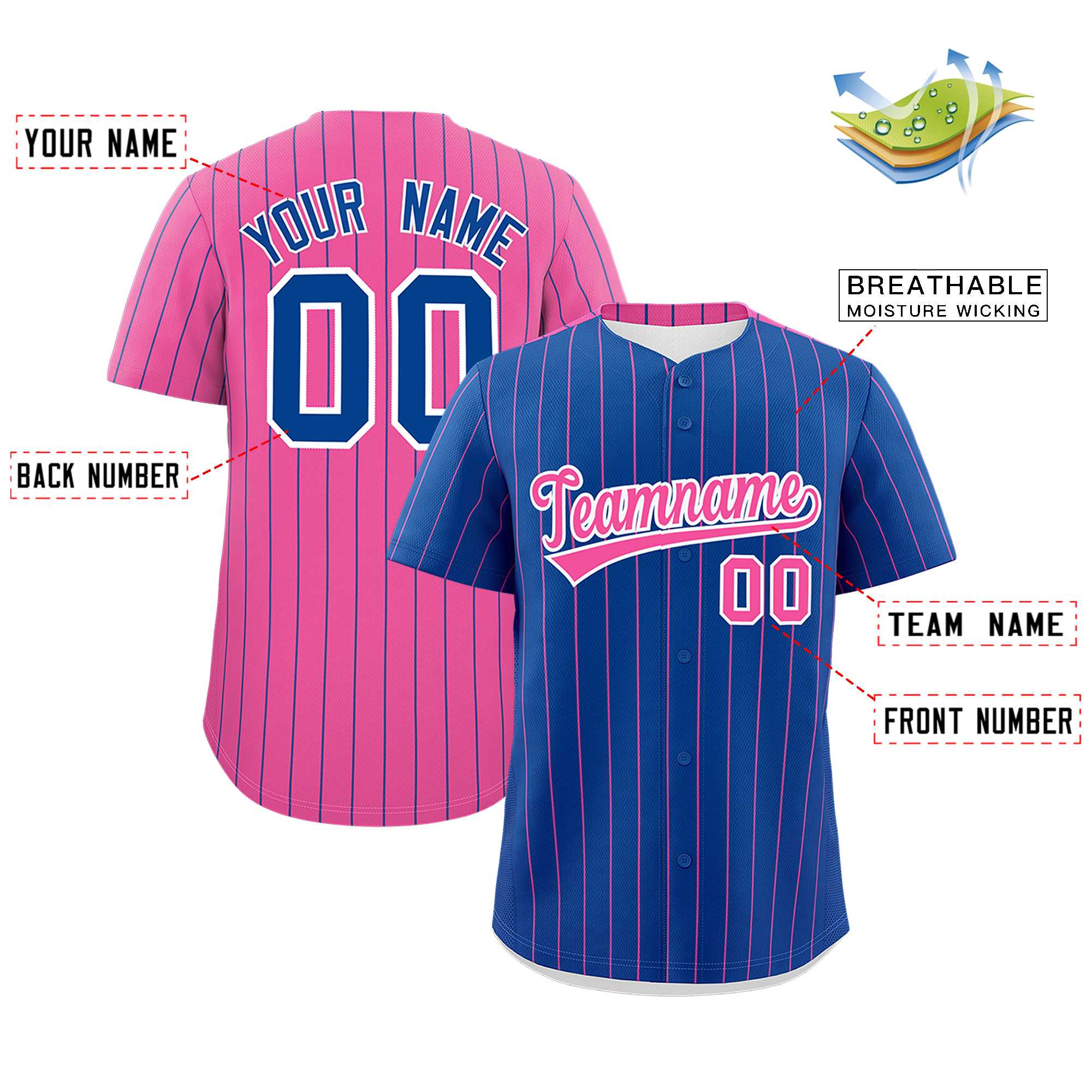 Custom Royal Pink Pinstripe Personalized Two-Tone Authentic Baseball Jersey