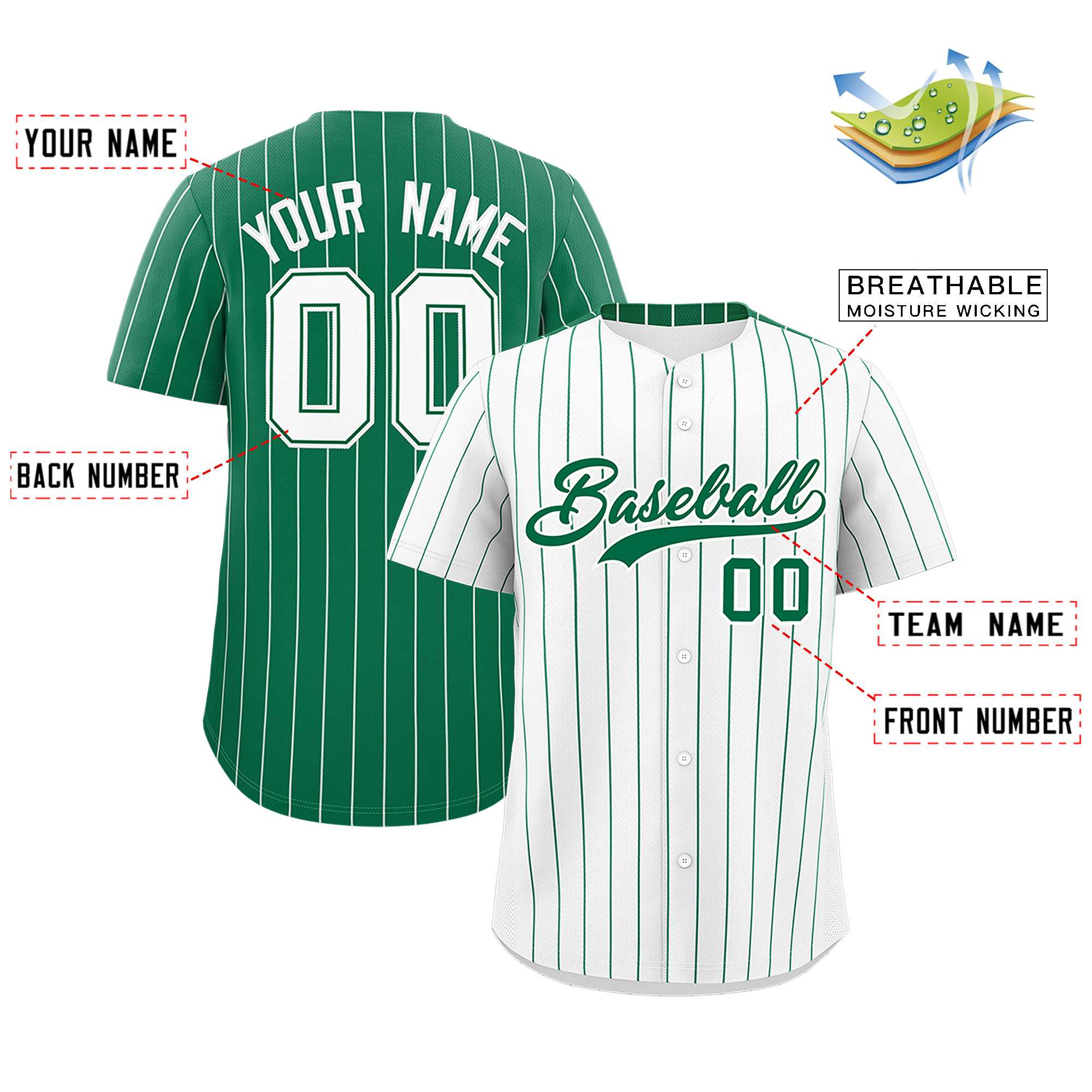 Custom White Kelly Green Pinstripe Personalized Two-Tone Authentic Baseball Jersey