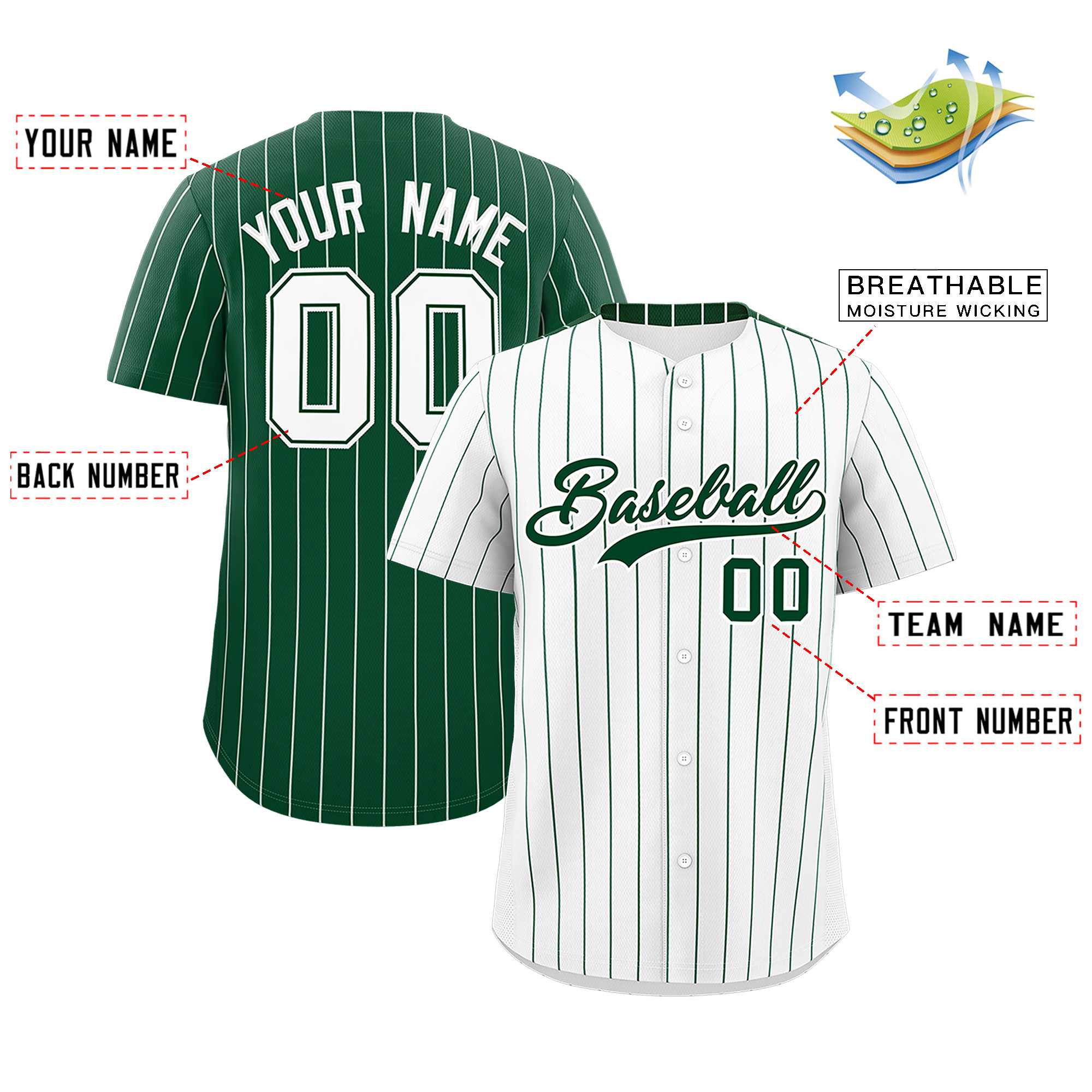 Custom White Green Pinstripe Personalized Two-Tone Authentic Baseball Jersey