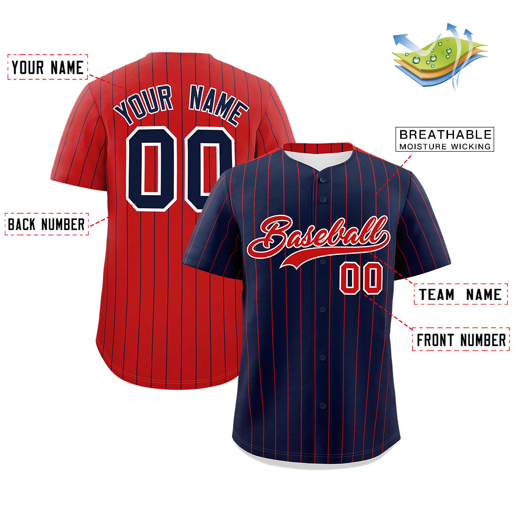 Custom Navy Red Pinstripe Personalized Two-Tone Authentic Baseball Jersey