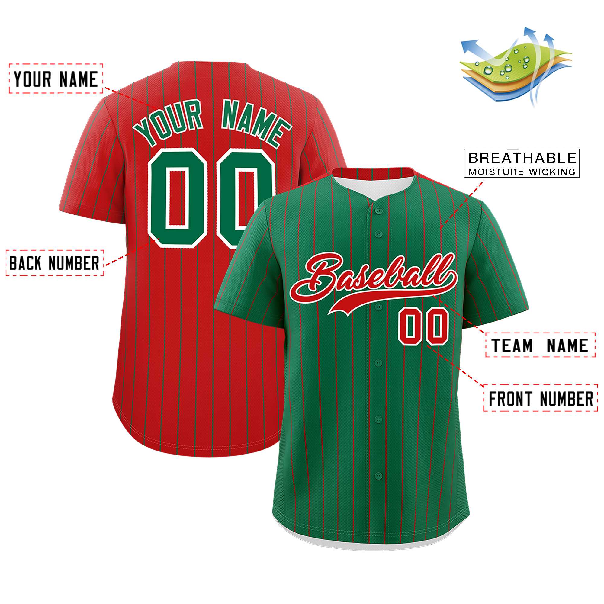 Custom Kelly Green Red Pinstripe Personalized Two-Tone Authentic Baseball Jersey