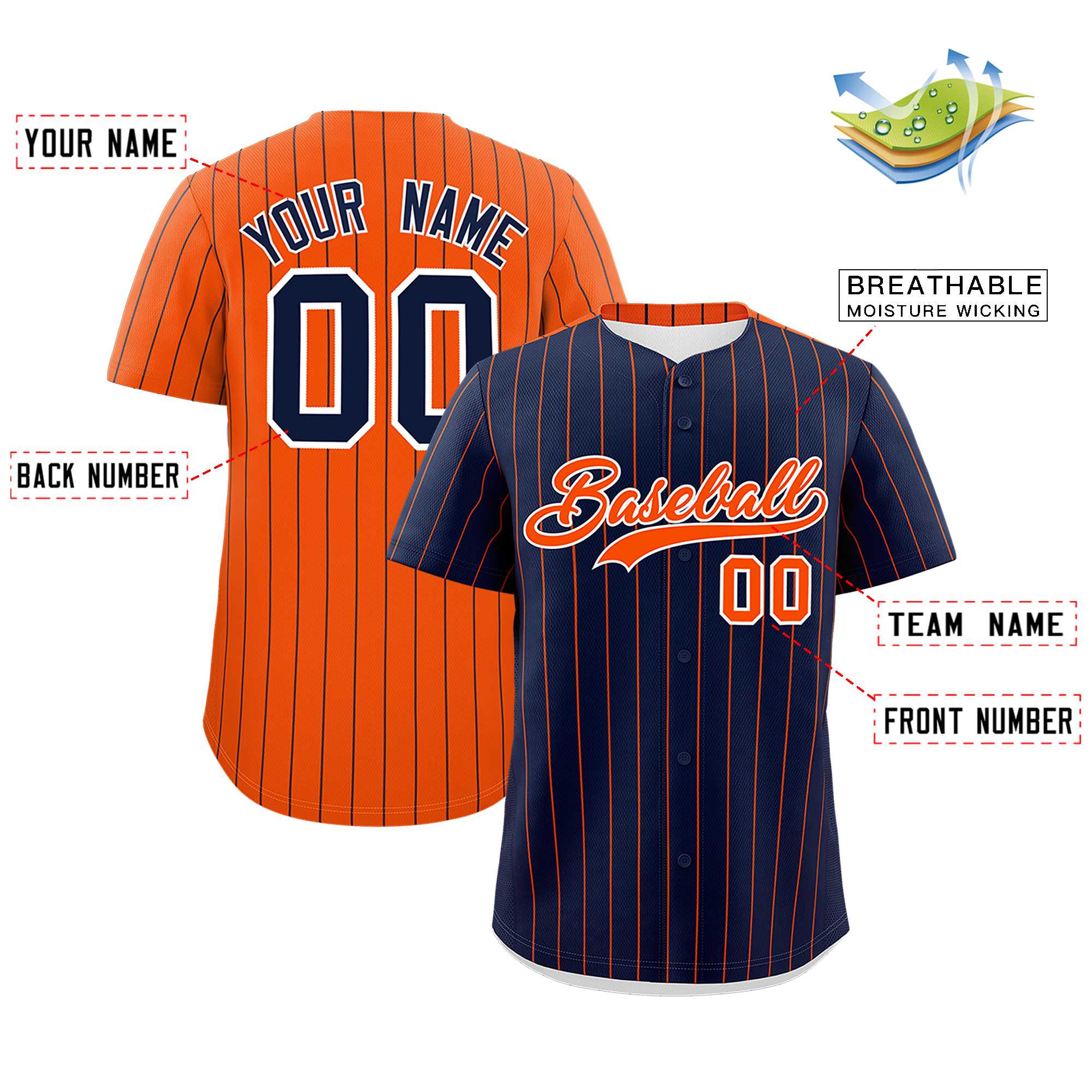 Custom Navy Orange Pinstripe Personalized Two-Tone Authentic Baseball Jersey