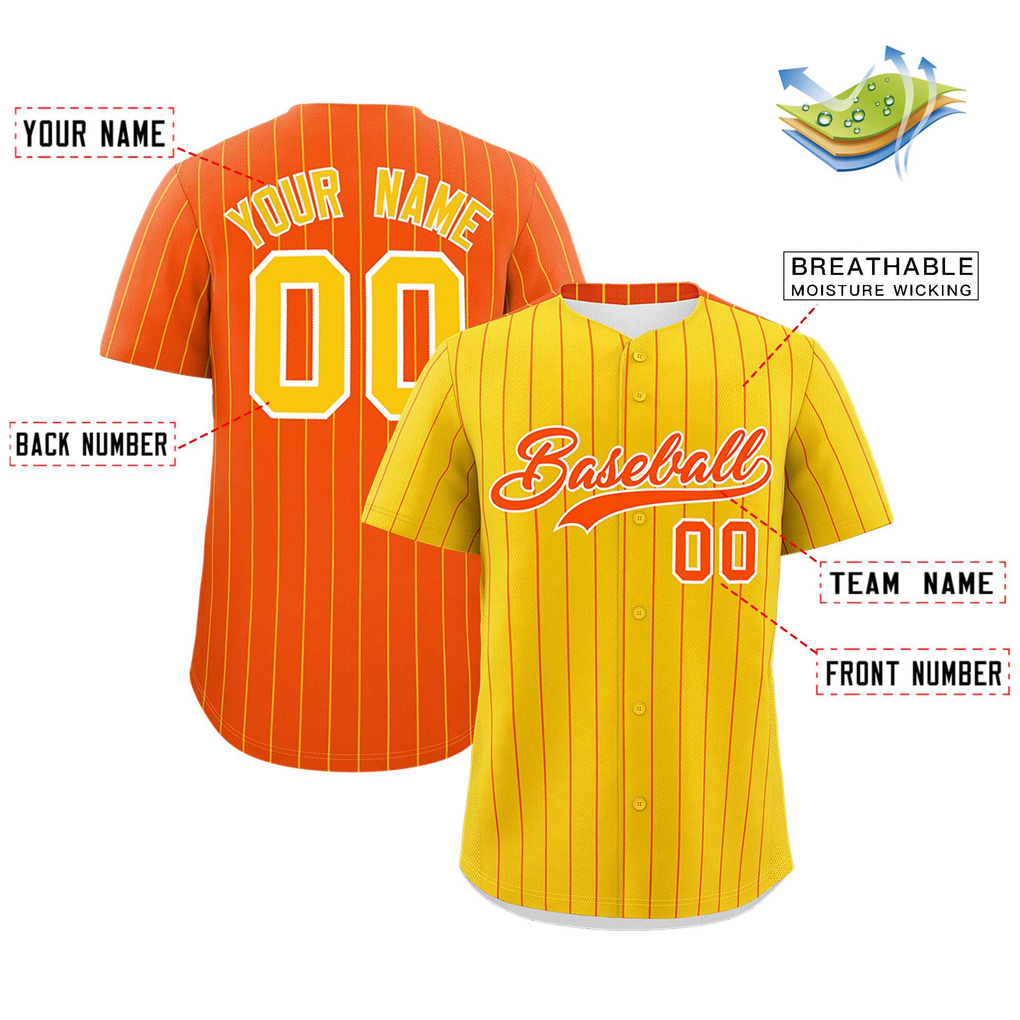 Custom Gold Orange Pinstripe Personalized Two-Tone Authentic Baseball Jersey