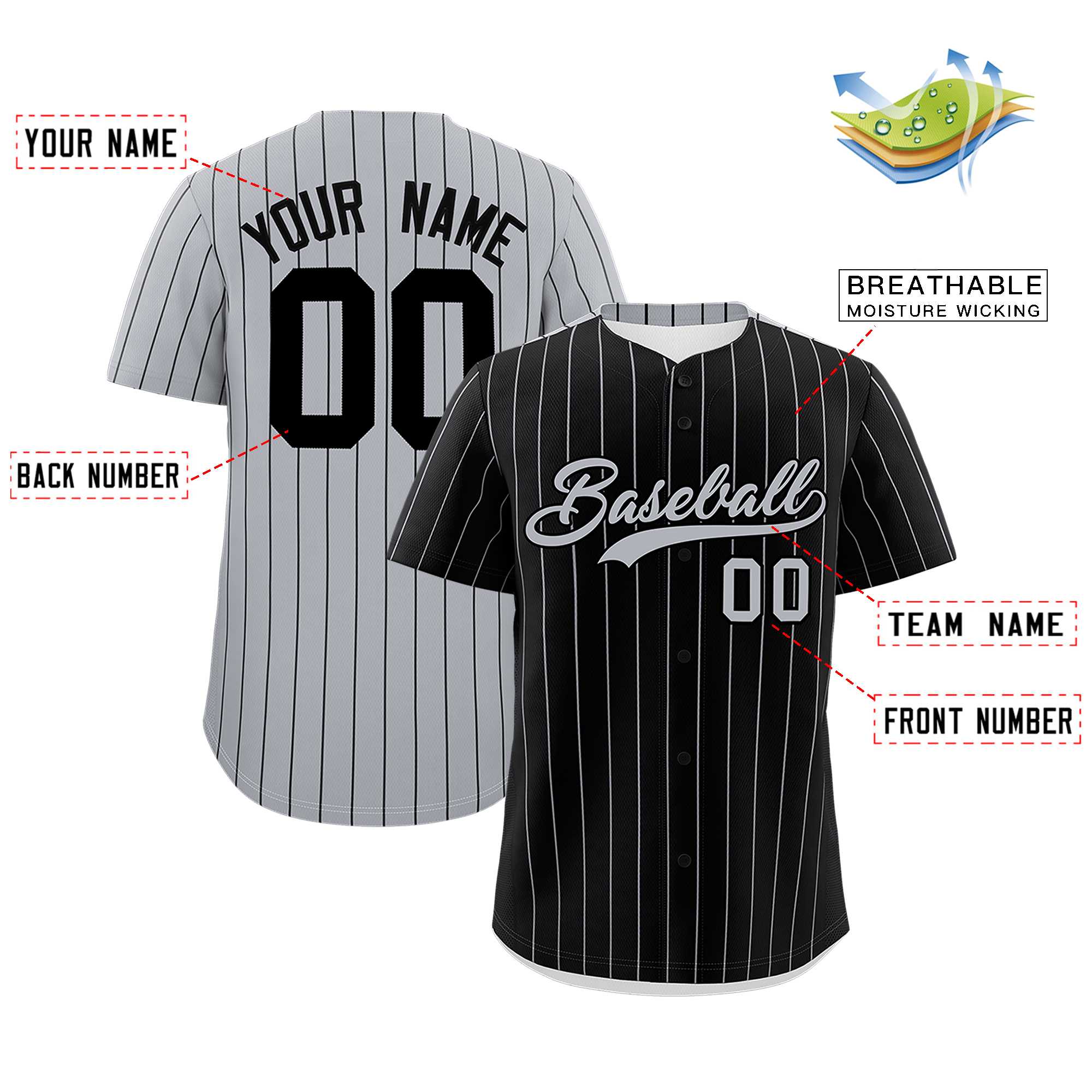 Custom Black Gray Pinstripe Personalized Two-Tone Authentic Baseball Jersey