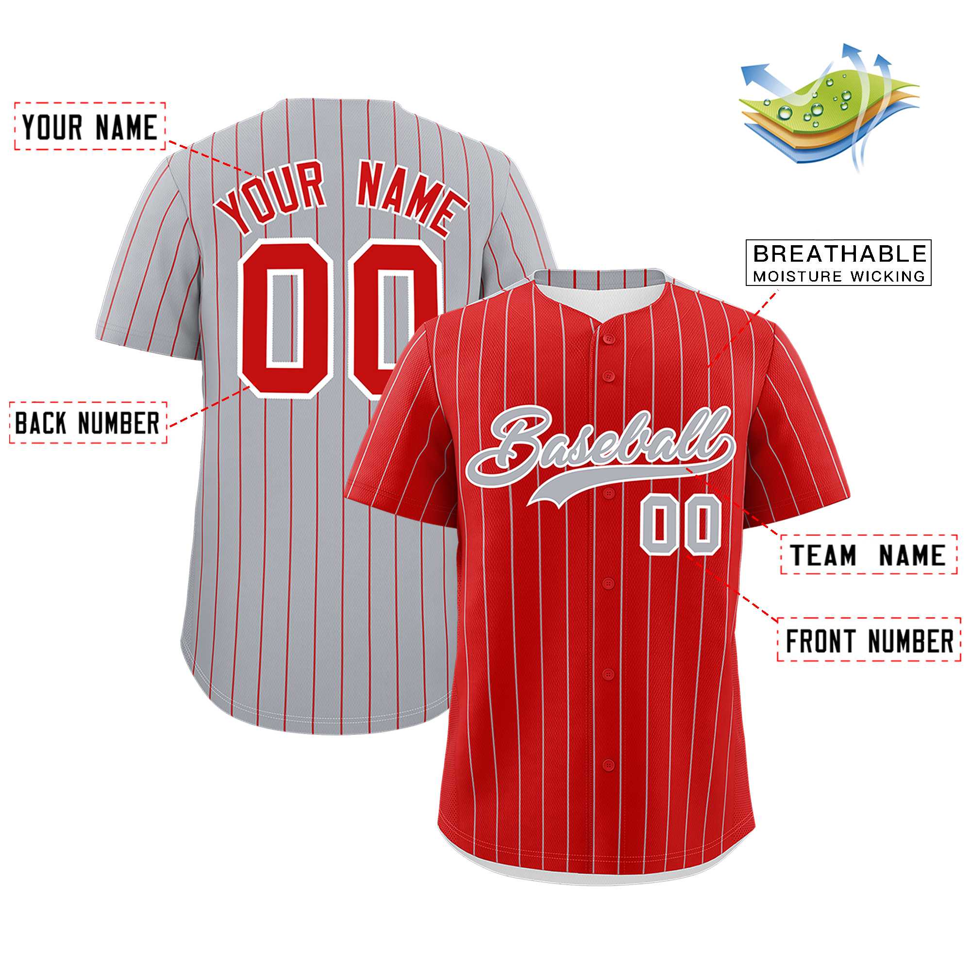 Custom Red Gray Pinstripe Personalized Two-Tone Authentic Baseball Jersey