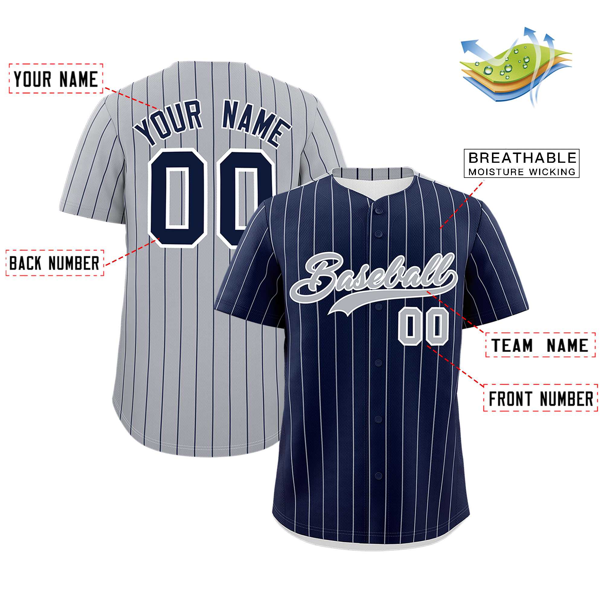 Custom Navy Gray Pinstripe Personalized Two-Tone Authentic Baseball Jersey