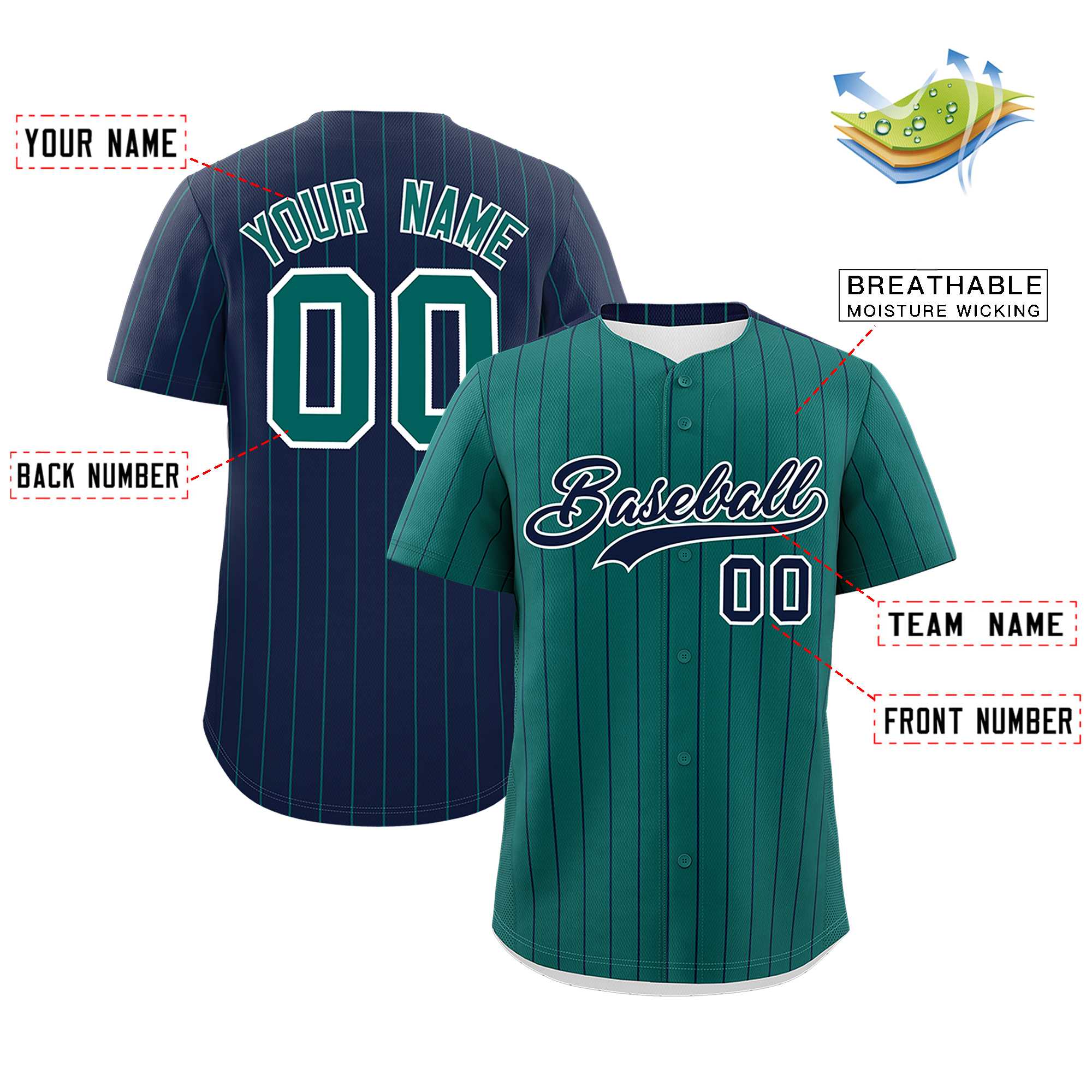 Custom Aqua Navy Pinstripe Personalized Two-Tone Authentic Baseball Jersey