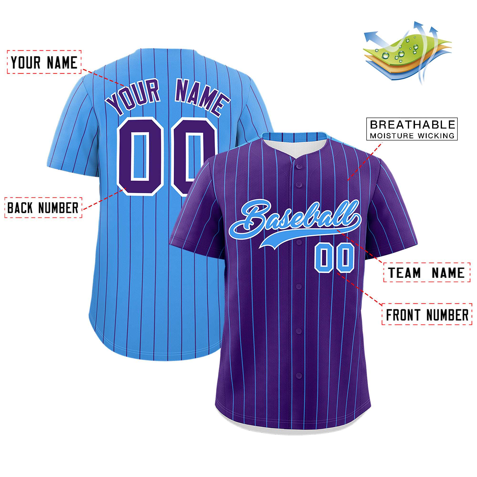 Custom Purple Powder Blue Pinstripe Personalized Two-Tone Authentic Baseball Jersey