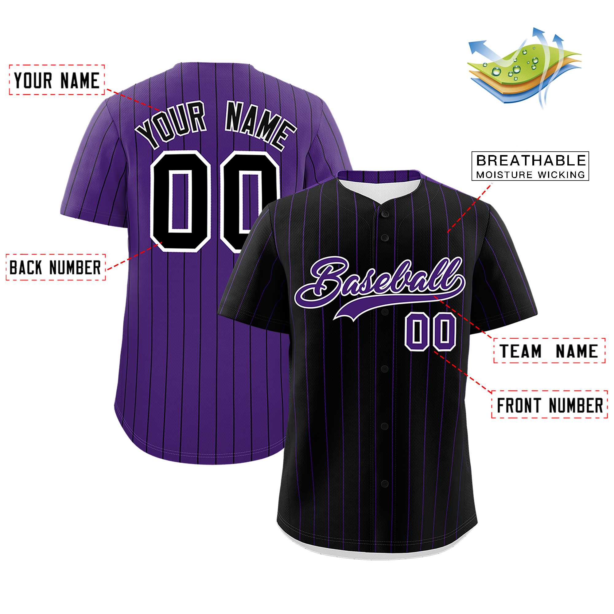 Custom Black Purple Pinstripe Personalized Two-Tone Authentic Baseball Jersey