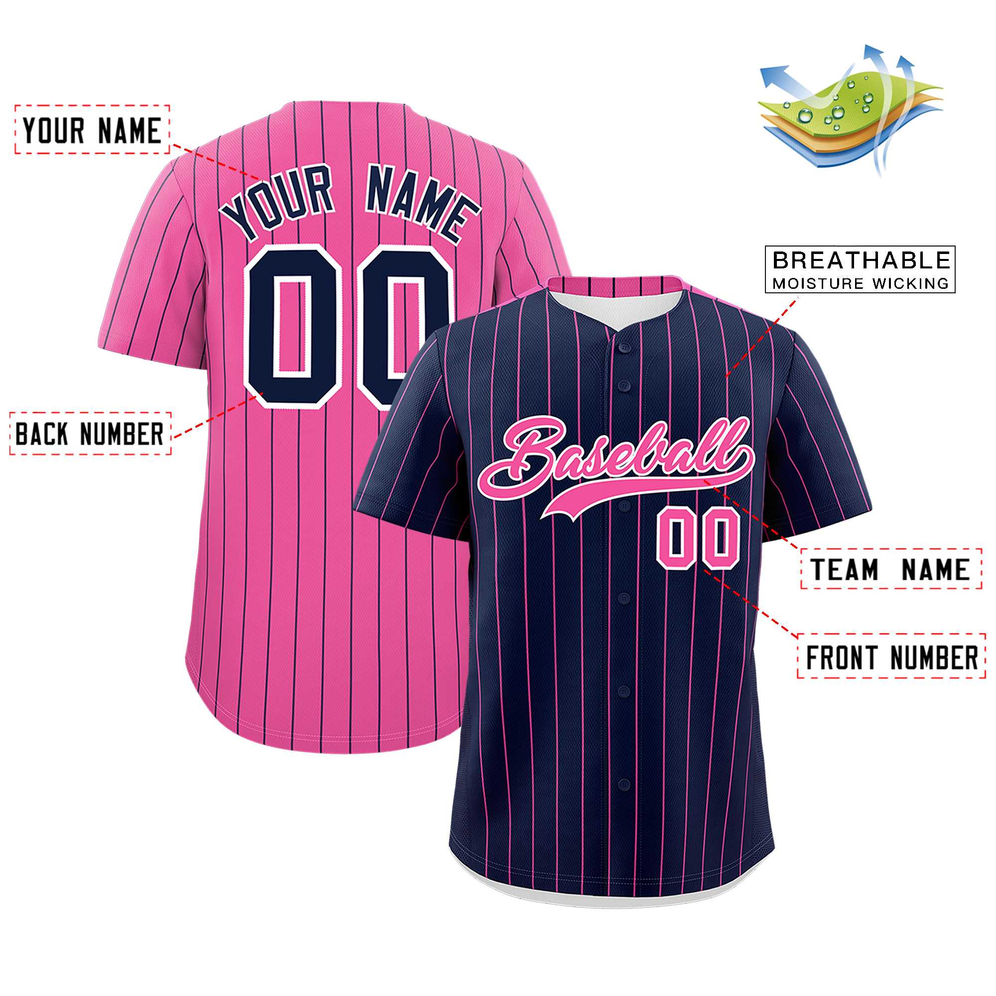 Custom Navy Pink Pinstripe Personalized Two-Tone Authentic Baseball Jersey