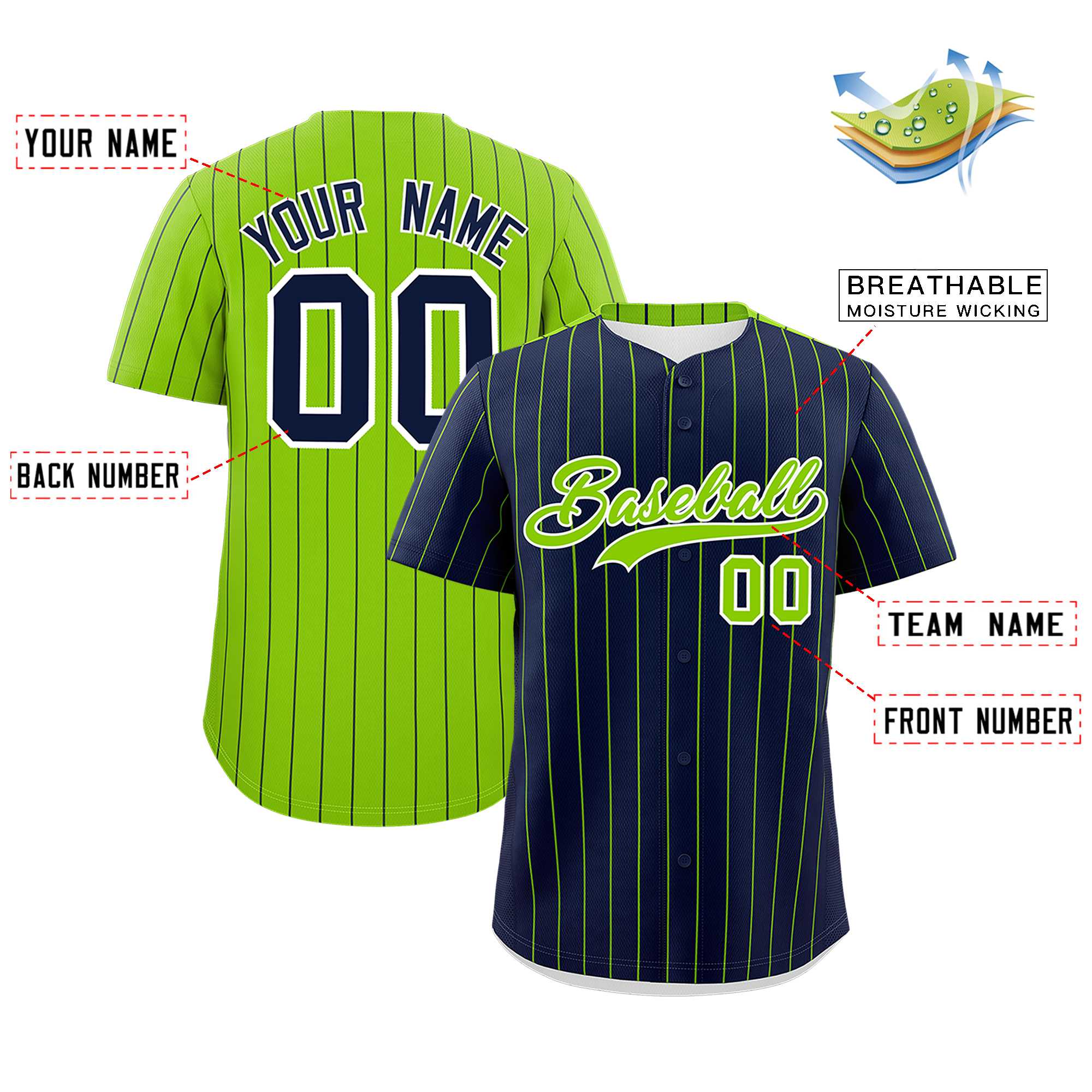 Custom Navy Neon Green Pinstripe Personalized Two-Tone Authentic Baseball Jersey