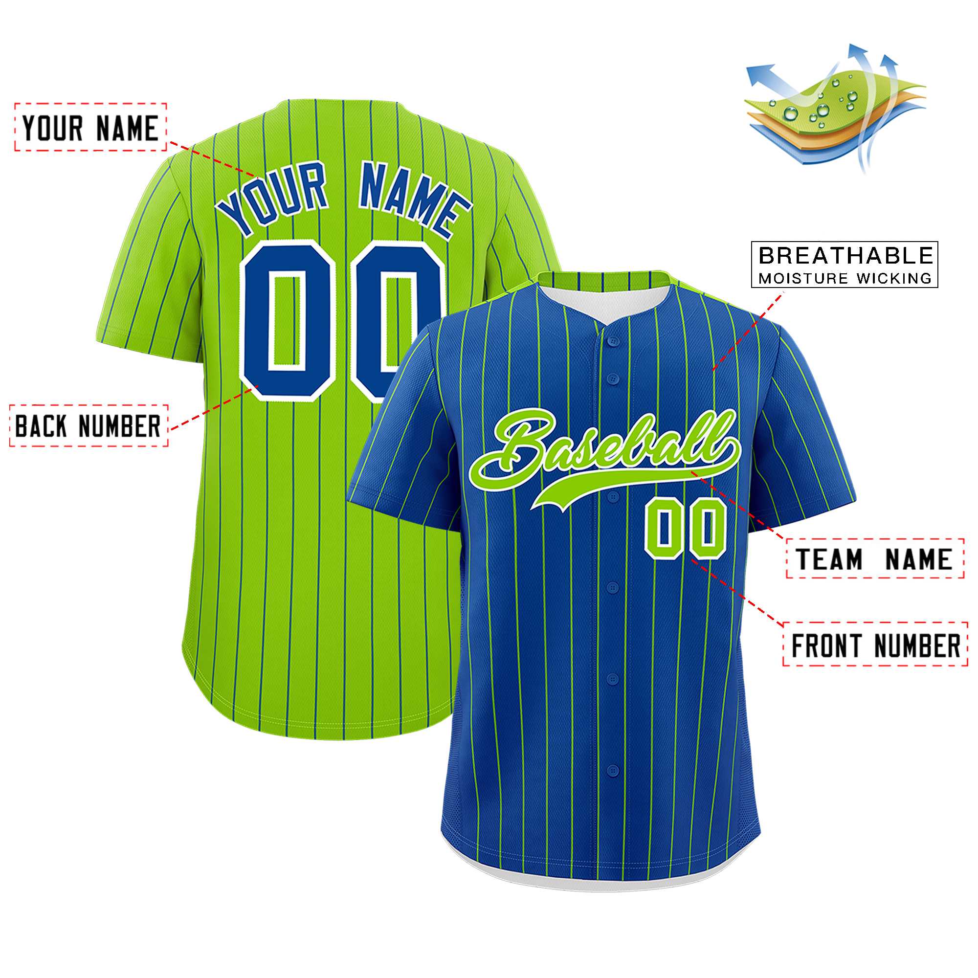 Custom Royal Neon Green Pinstripe Personalized Two-Tone Authentic Baseball Jersey