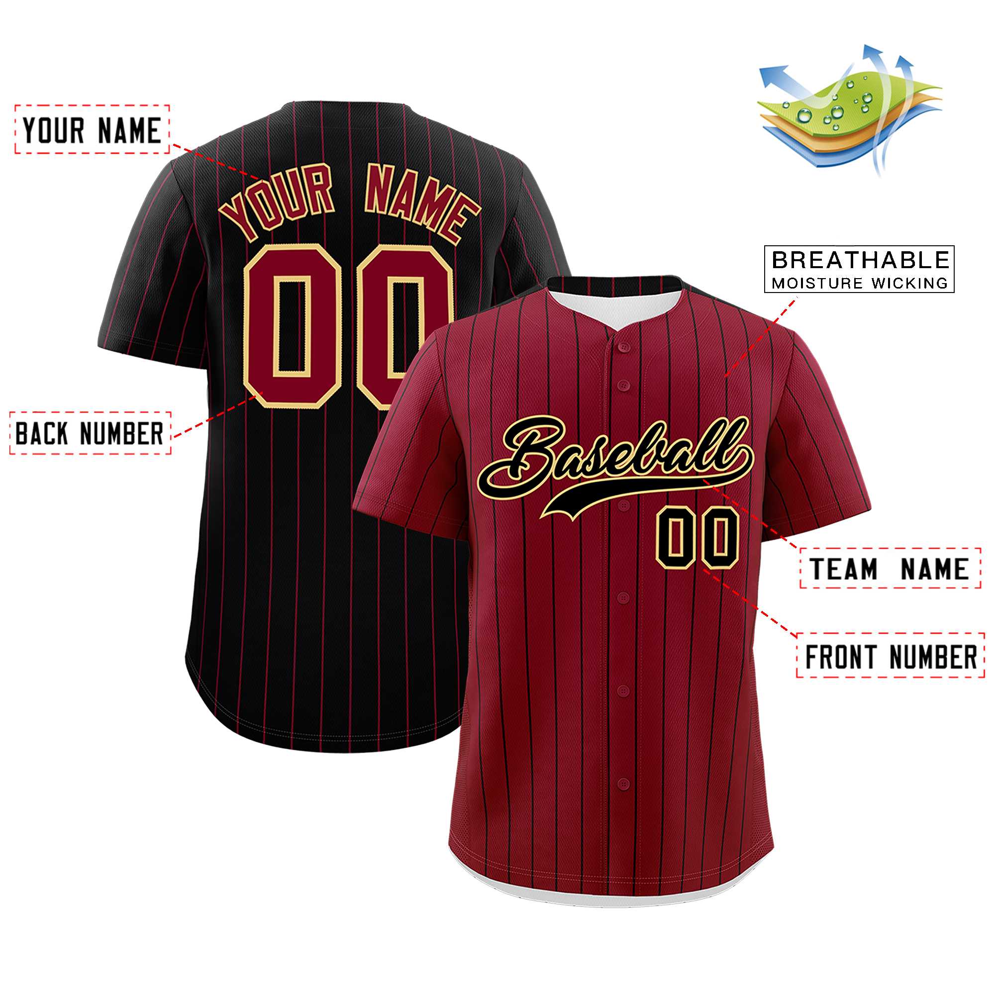 Custom Crimson Black Pinstripe Personalized Two-Tone Authentic Baseball Jersey