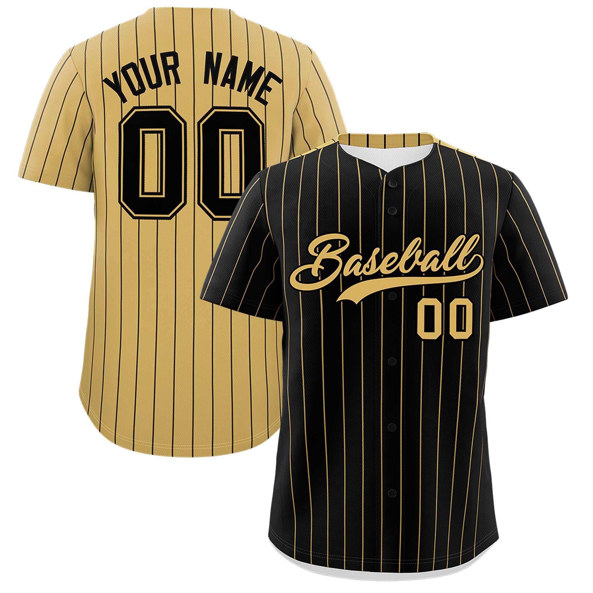 Custom Black Old Gold Pinstripe Personalized Two-Tone Authentic Baseball Jersey