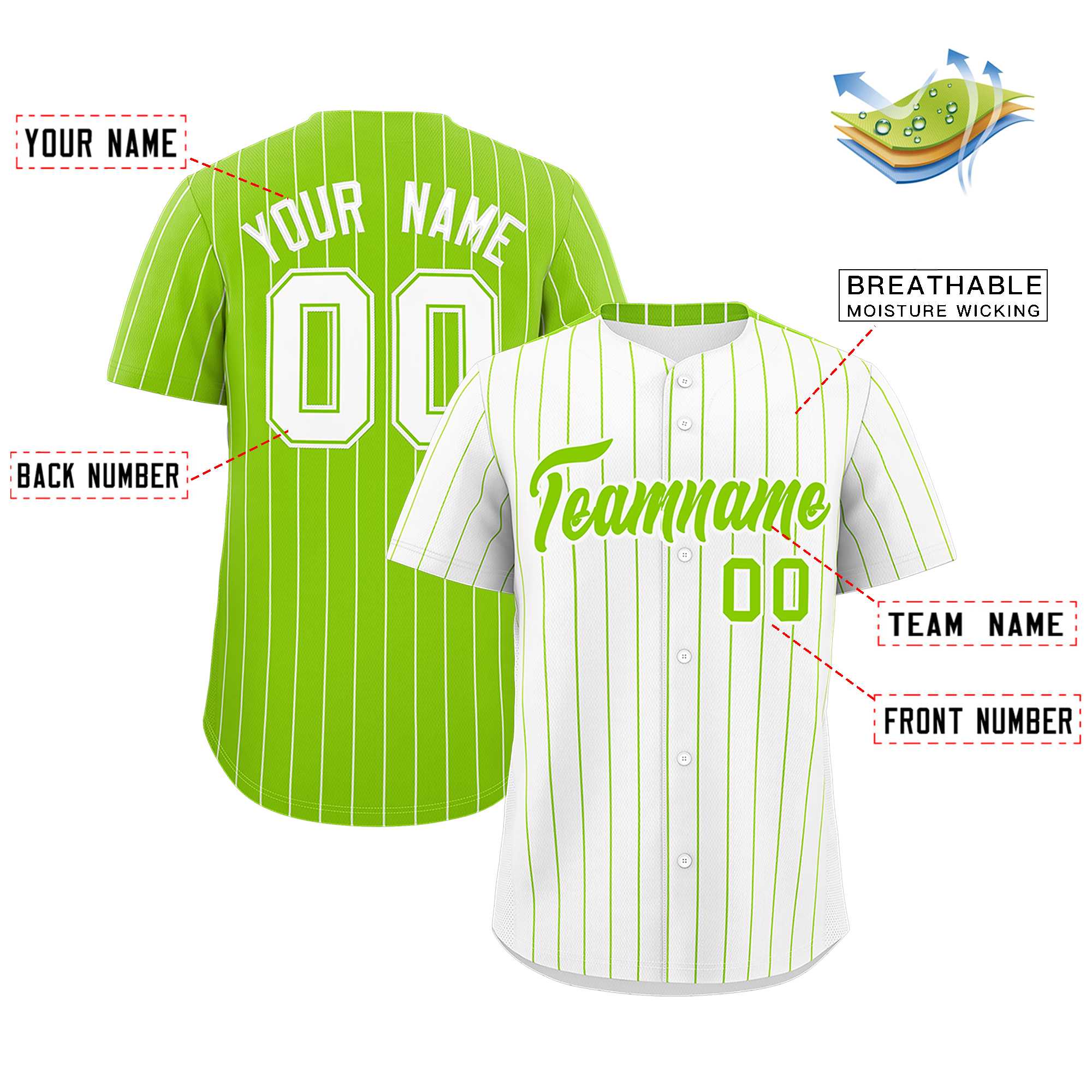 Custom White Neon Green Pinstripe Personalized Two-Tone Authentic Baseball Jersey