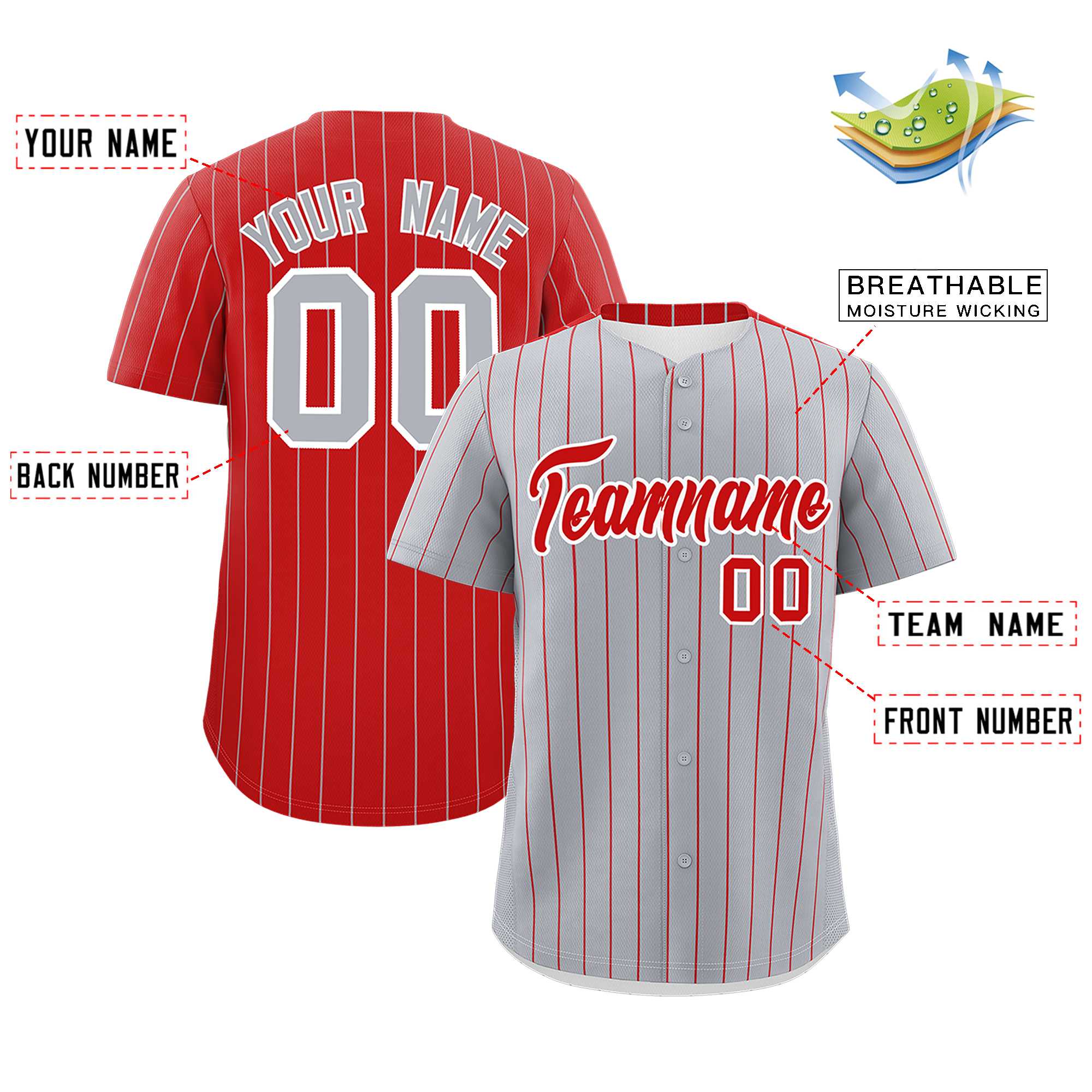 Custom Gray Red Pinstripe Personalized Two-Tone Authentic Baseball Jersey