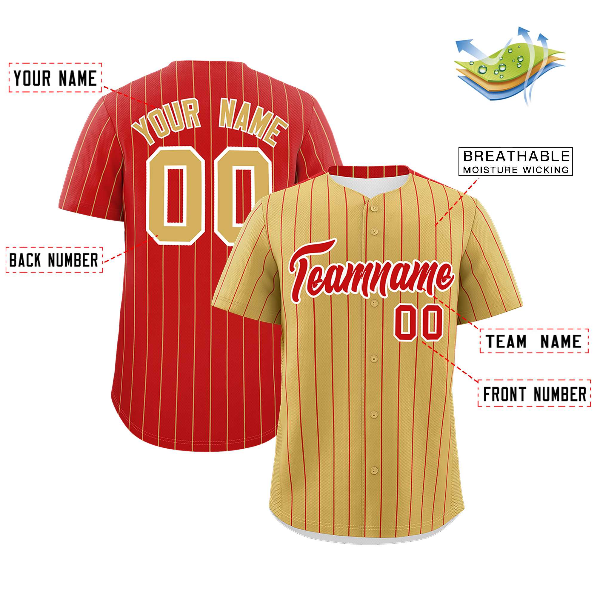 Custom Old Gold Red Pinstripe Personalized Two-Tone Authentic Baseball Jersey