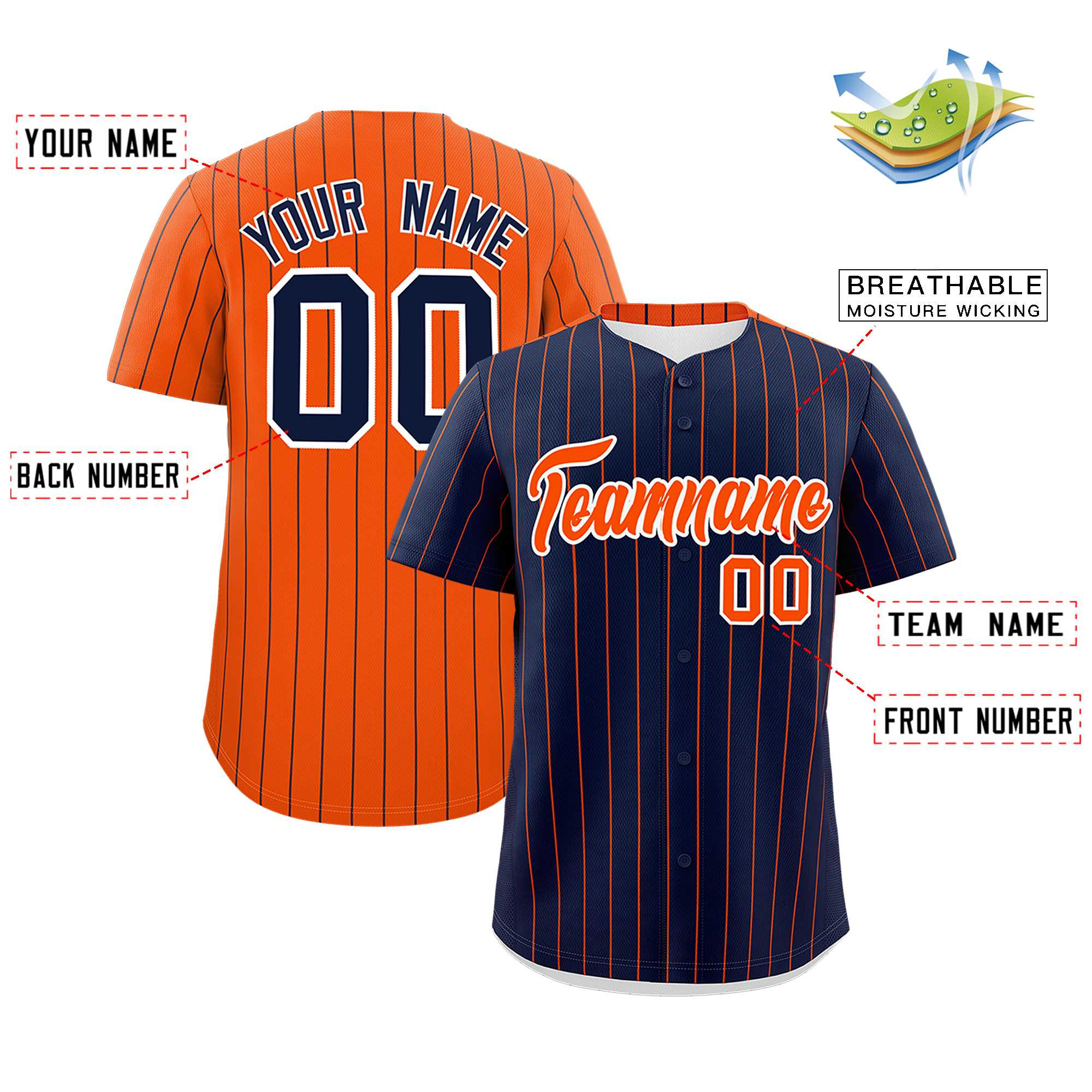 Custom Navy Orange Pinstripe Personalized Two-Tone Authentic Baseball Jersey