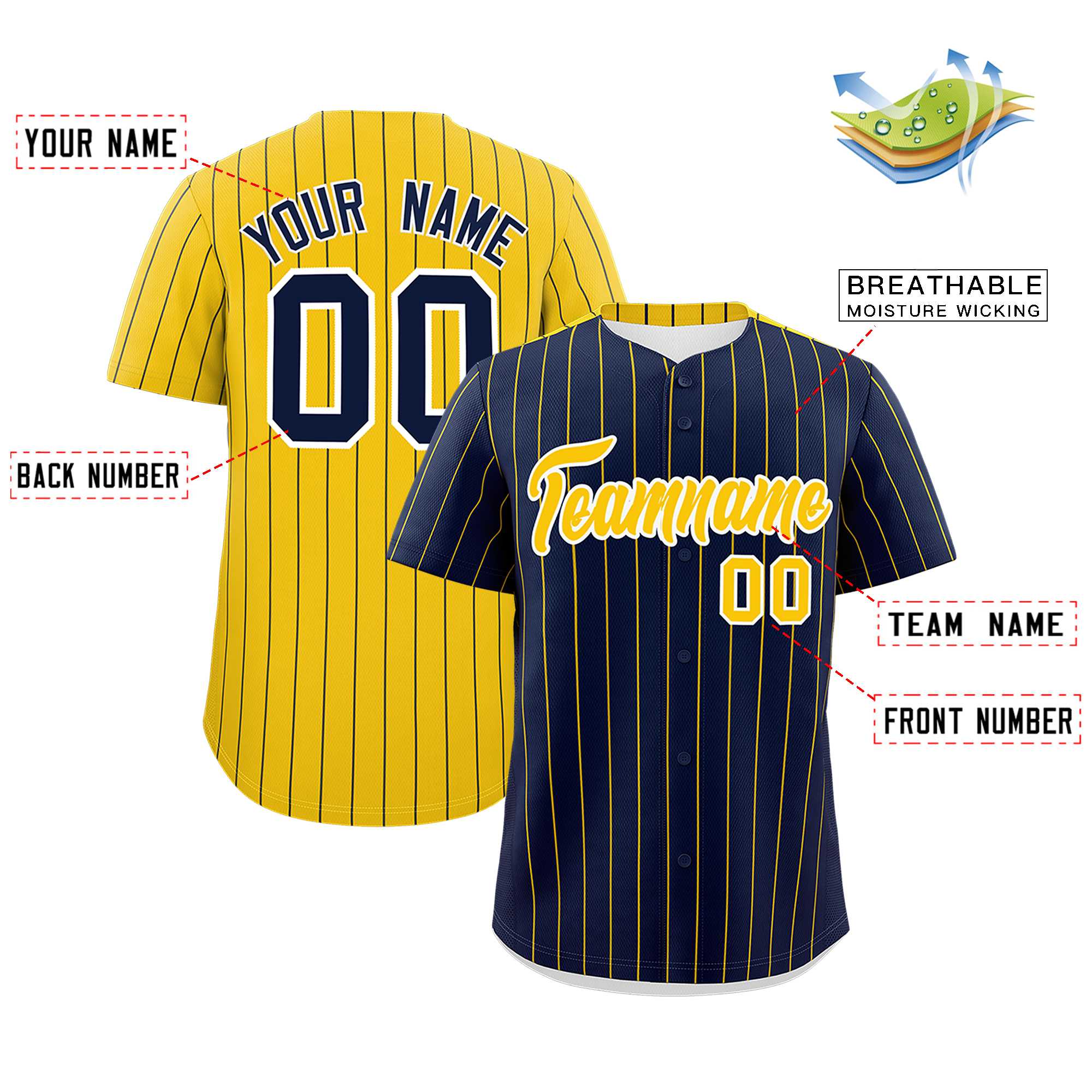 Custom Navy Gold Pinstripe Personalized Two-Tone Authentic Baseball Jersey