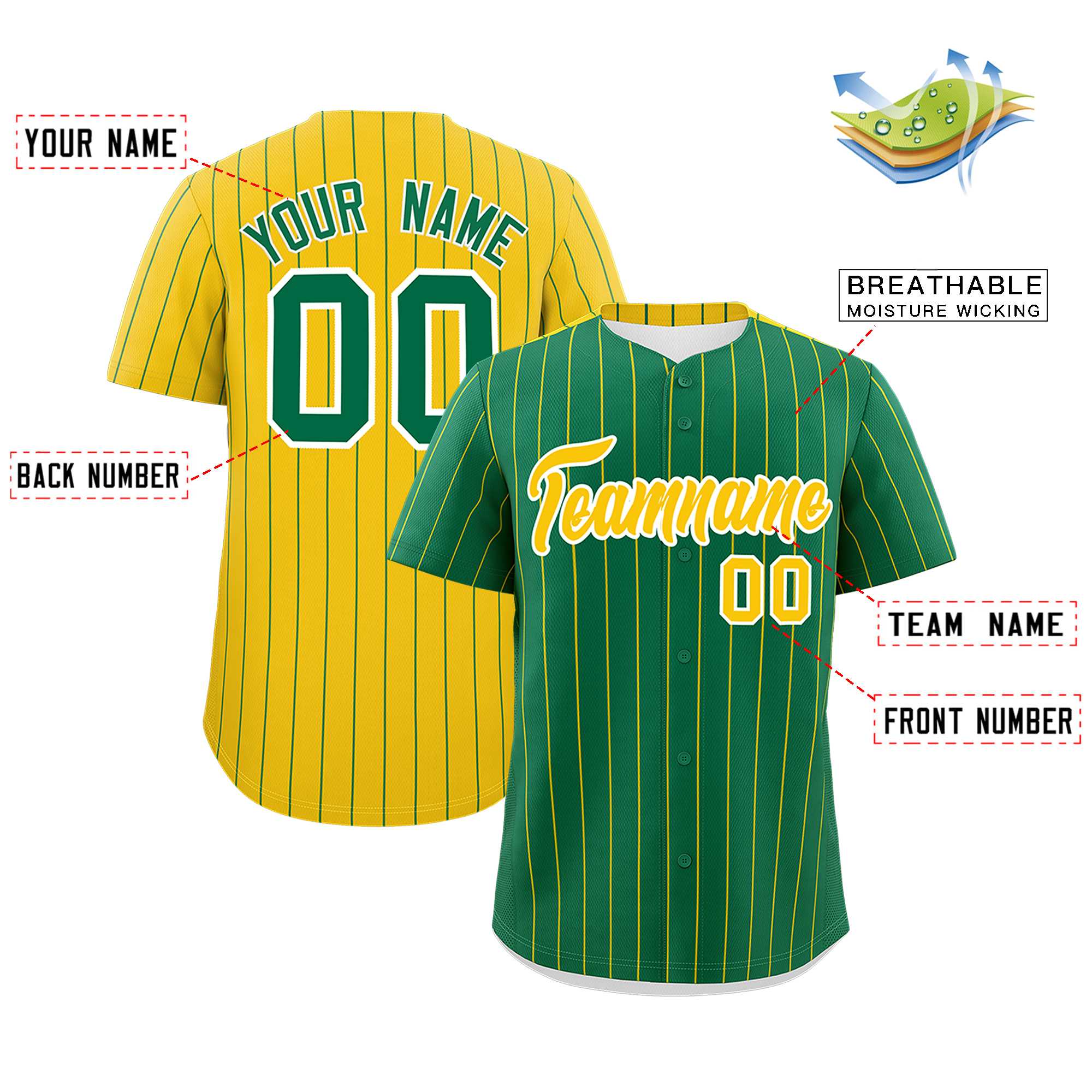 Custom Kelly Green Gold Pinstripe Personalized Two-Tone Authentic Baseball Jersey