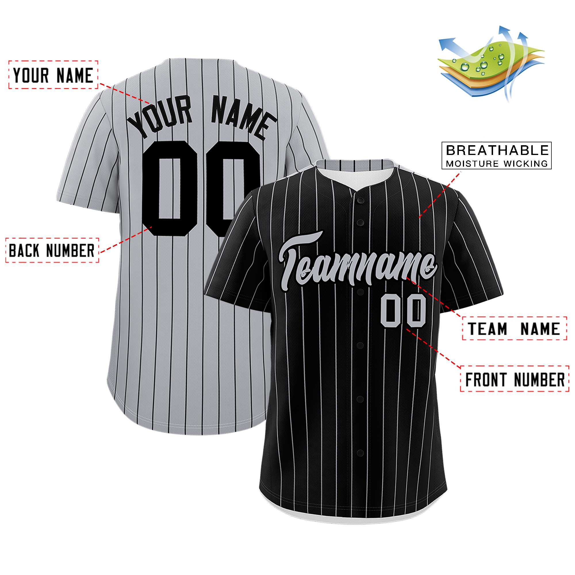 Custom Black Gray Pinstripe Personalized Two-Tone Authentic Baseball Jersey