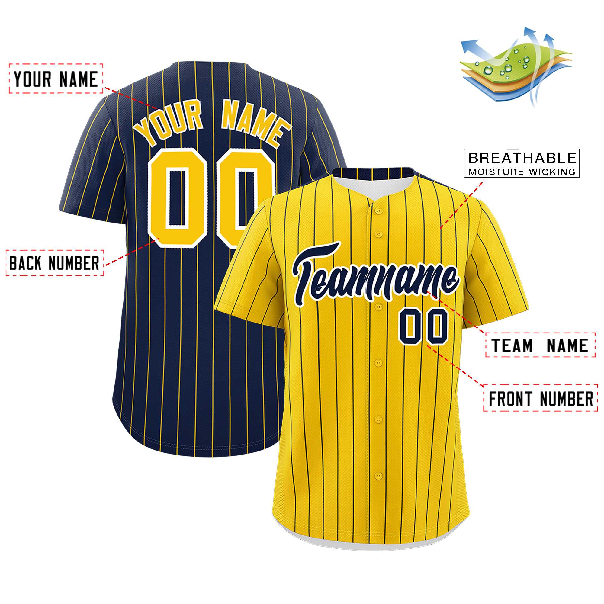 Custom Gold Navy Pinstripe Personalized Two-Tone Authentic Baseball Jersey