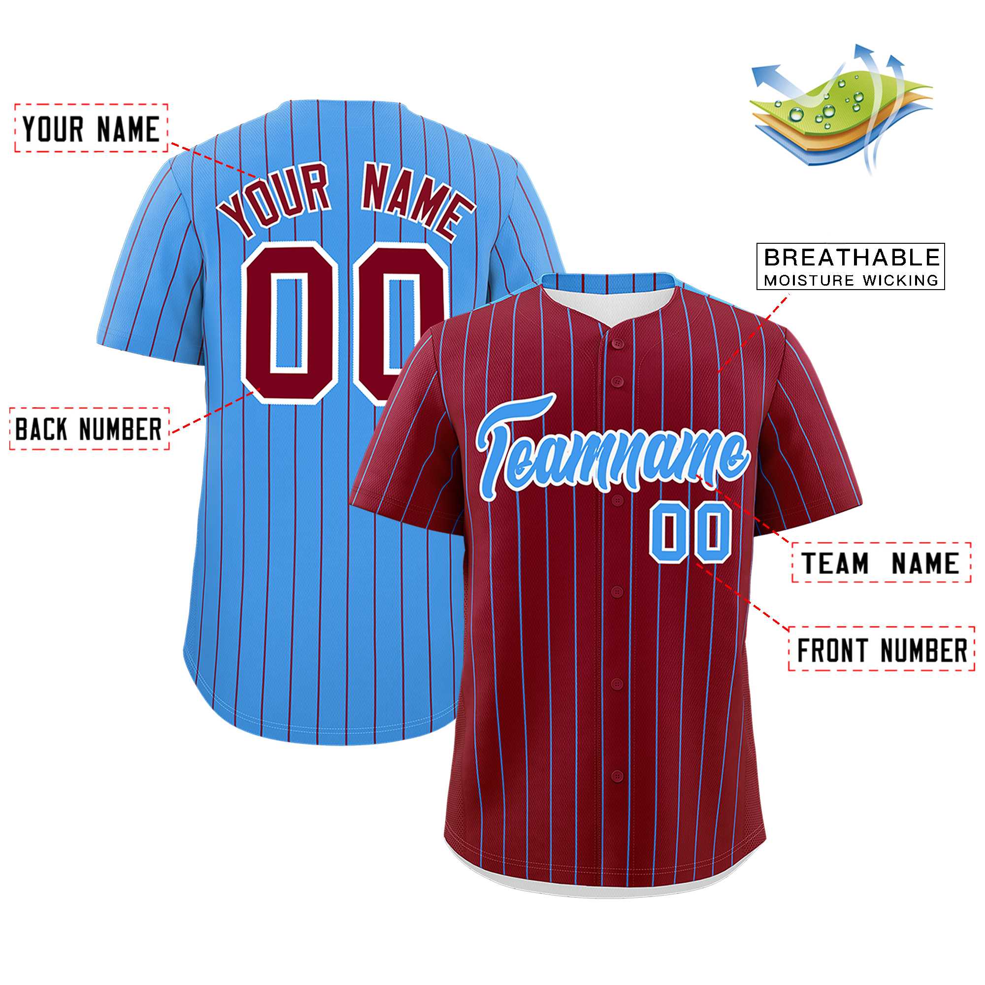 Custom Crimson Powder Blue Pinstripe Personalized Two-Tone Authentic Baseball Jersey