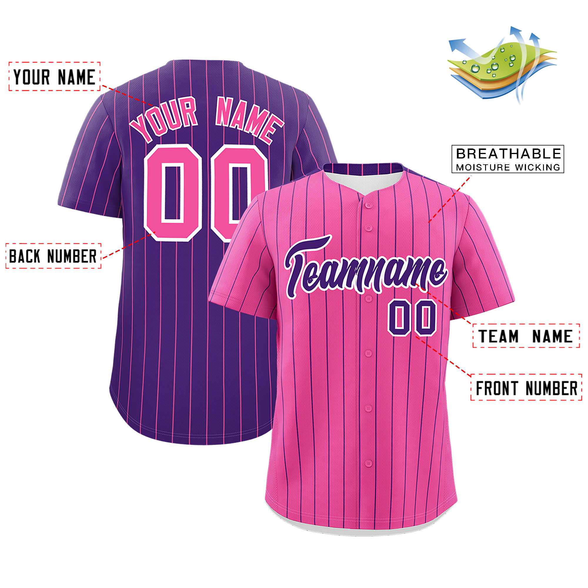 Custom Pink Purple Pinstripe Personalized Two-Tone Authentic Baseball Jersey