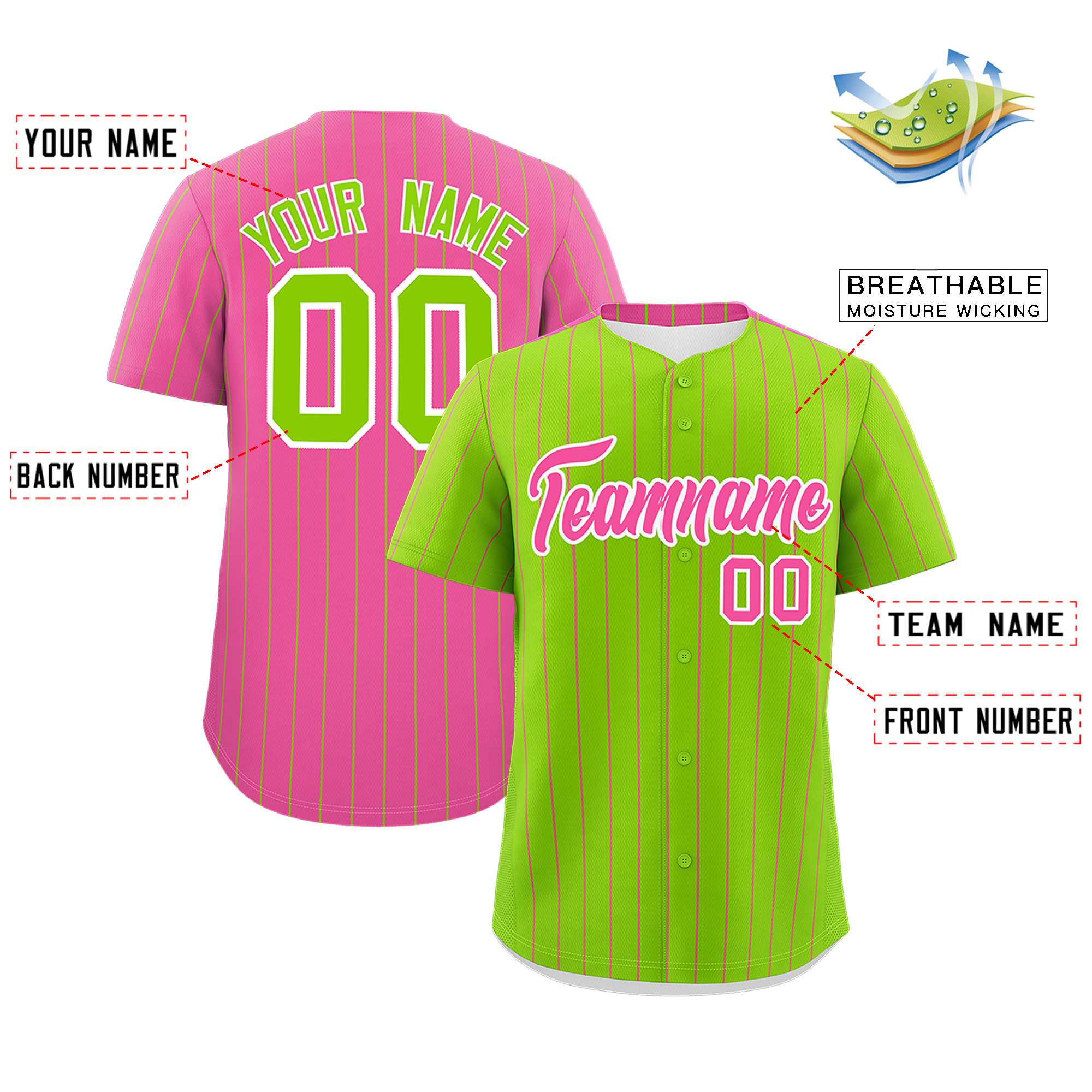 Custom Neon Green Pink Pinstripe Personalized Two-Tone Authentic Baseball Jersey