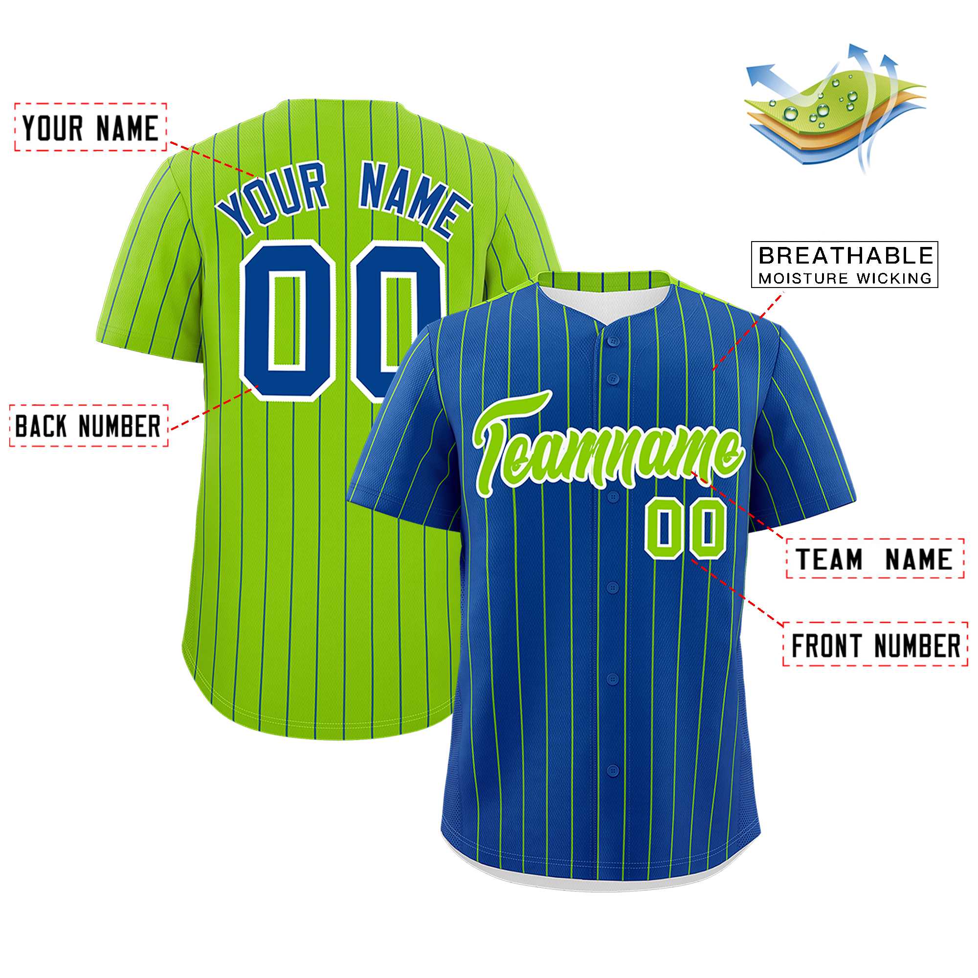 Custom Royal Neon Green Pinstripe Personalized Two-Tone Authentic Baseball Jersey