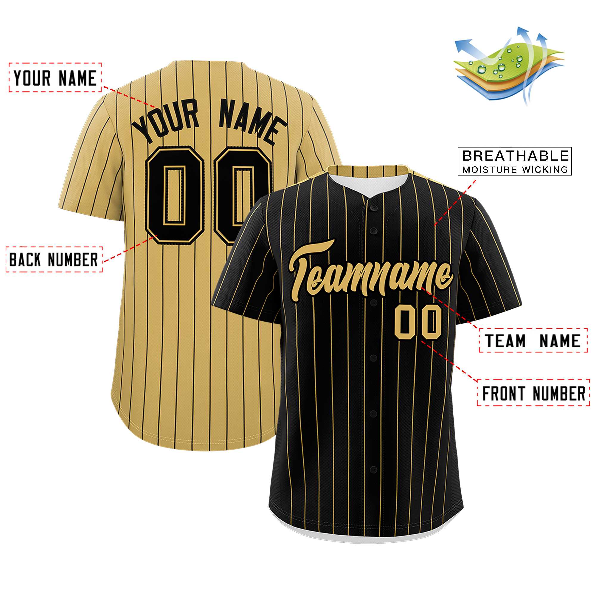 Custom Black Old Gold Pinstripe Personalized Two-Tone Authentic Baseball Jersey