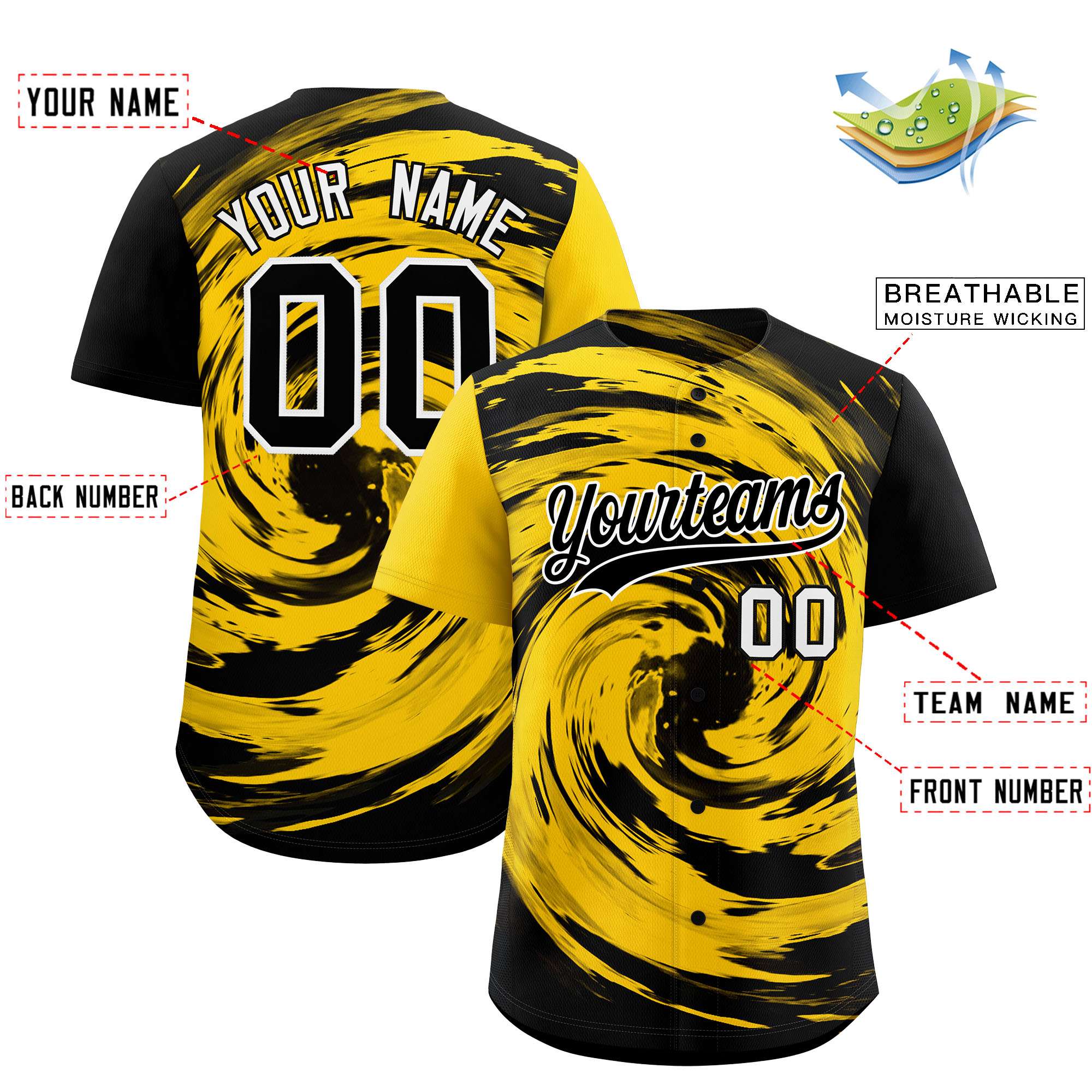 Custom Gold Black Swirl Graffiti Pattern Authentic Baseball Jersey