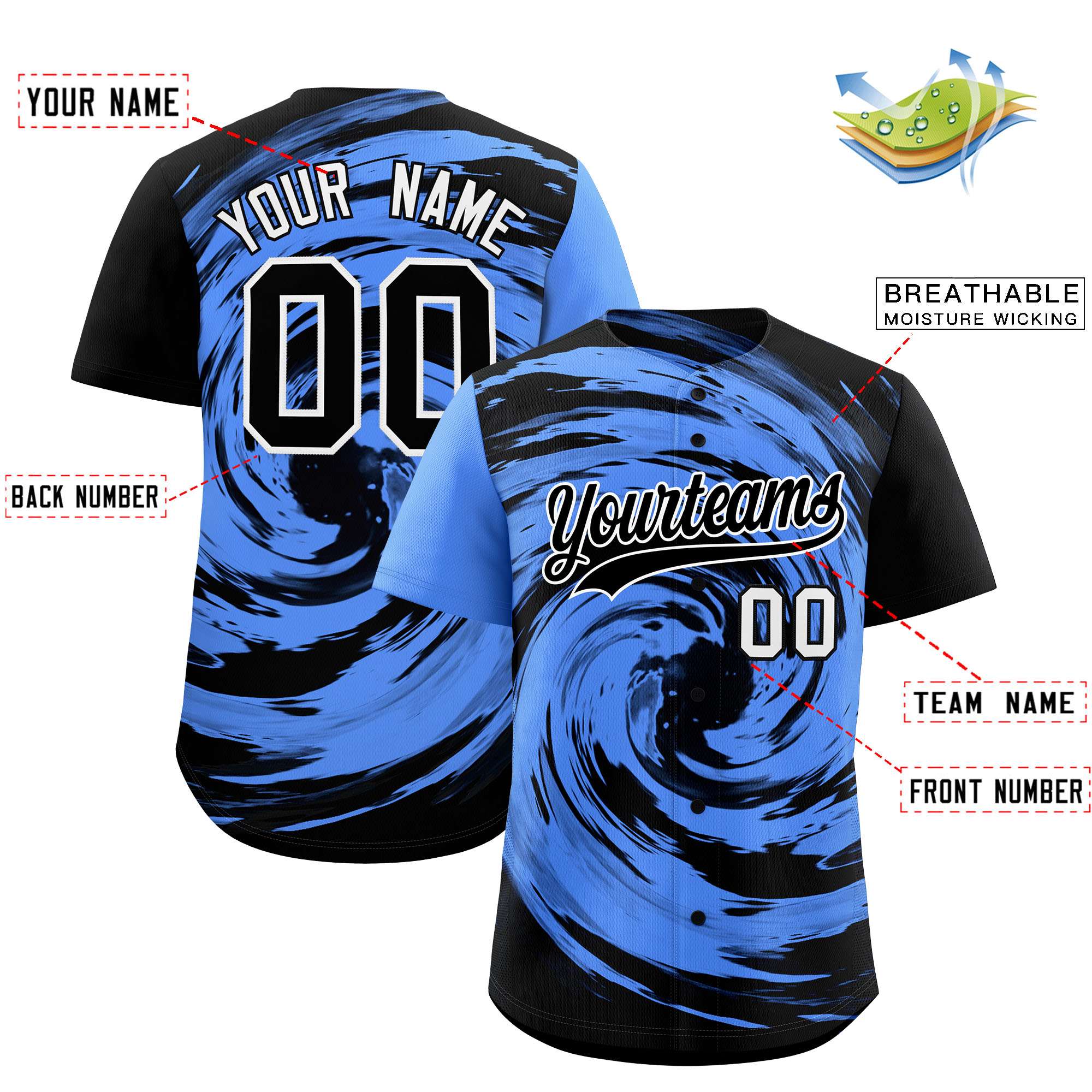 Custom Powder Blue Black Swirl Graffiti Pattern Authentic Baseball Jersey